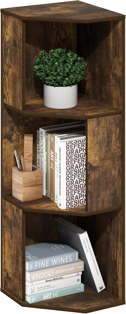 Furinno ECON Corner Shelf, 3-Tier Corner Book Shelf, Standing Storage Shelves, Cube Display Rack, Bookshelf, for Organization and Storage, Living Room, Home Office, Amber Pine