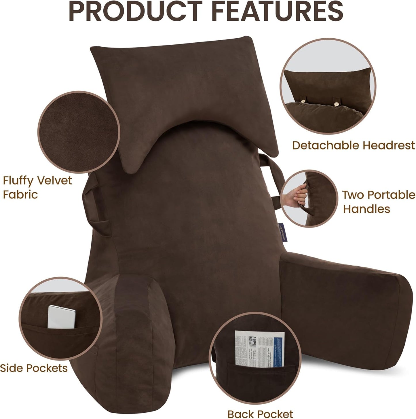 Portable Reading Pillows with Headrest for Bed Sitting Up(Brown Oeko-Tex), Velvet Back Pillow with Arms & Pockets for Adults, Support Memory Foam Bed Pillow for Dorm/Reading/Watching/Gaming