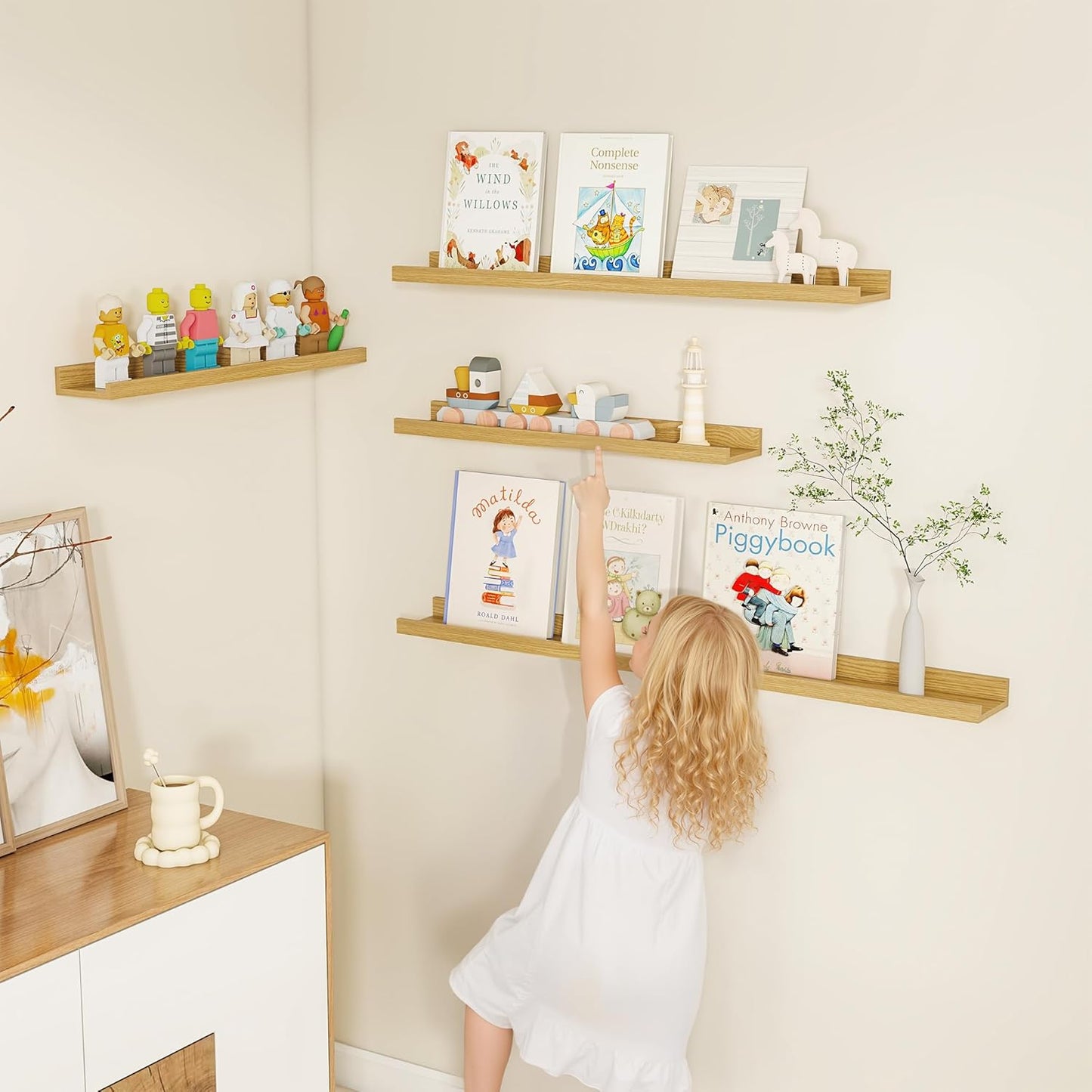 Fun Memories Picture Ledge Shelf, Floating Shelves Set of 4, 24 Inch Picture Shelves for Wall with Ledge, Large Nursery Book Shelf for Toys Storage, Living Room, Bedroom Decor Frames, Oak