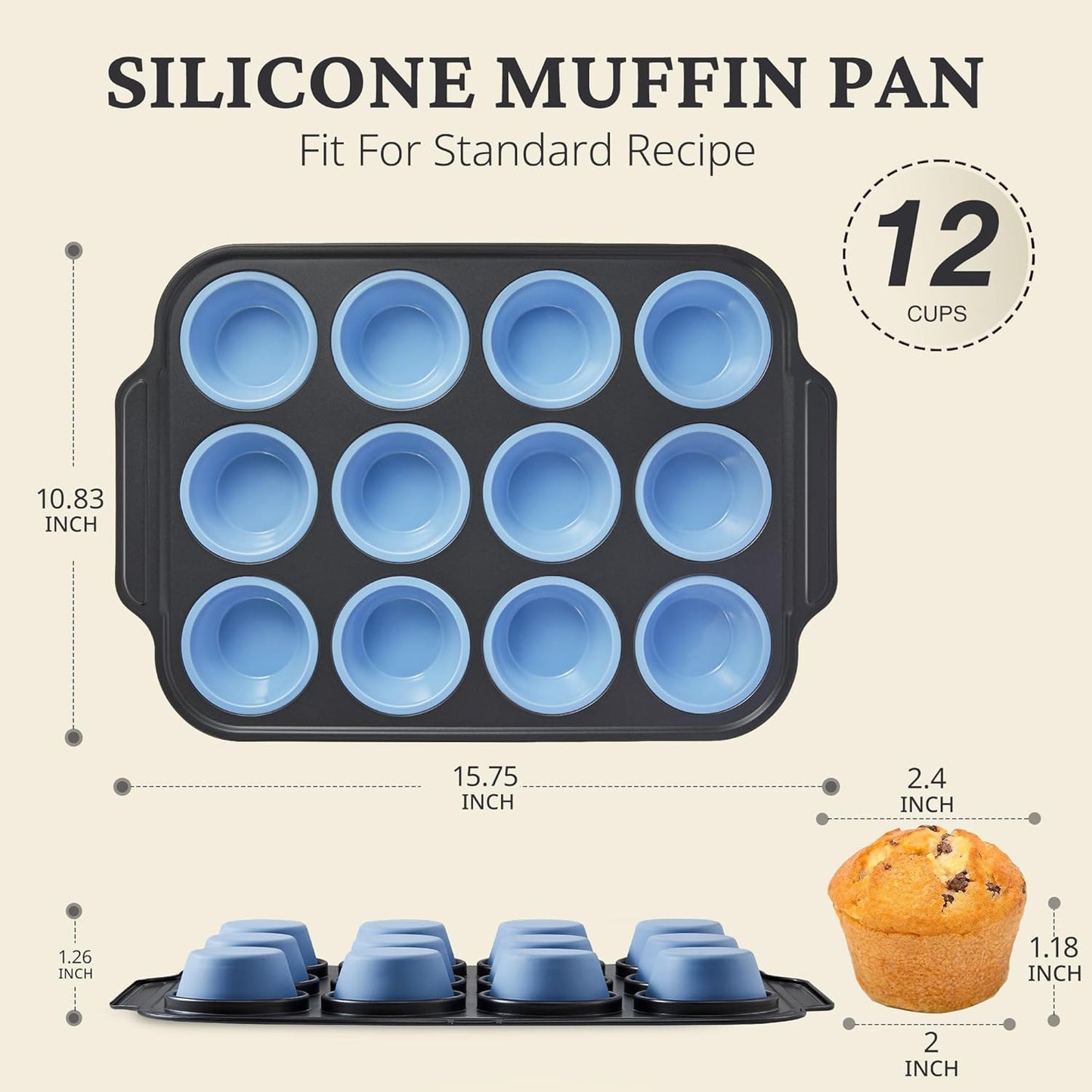 BRONYPRO Silicone Muffin Pans for Baking with Metal Frame, Egg Bite Molds, Cupcake Pans 12 Regular Size, Muffin Tins Easy to Pop Nonstick Non Toxic Bakeware for Oven,Blue