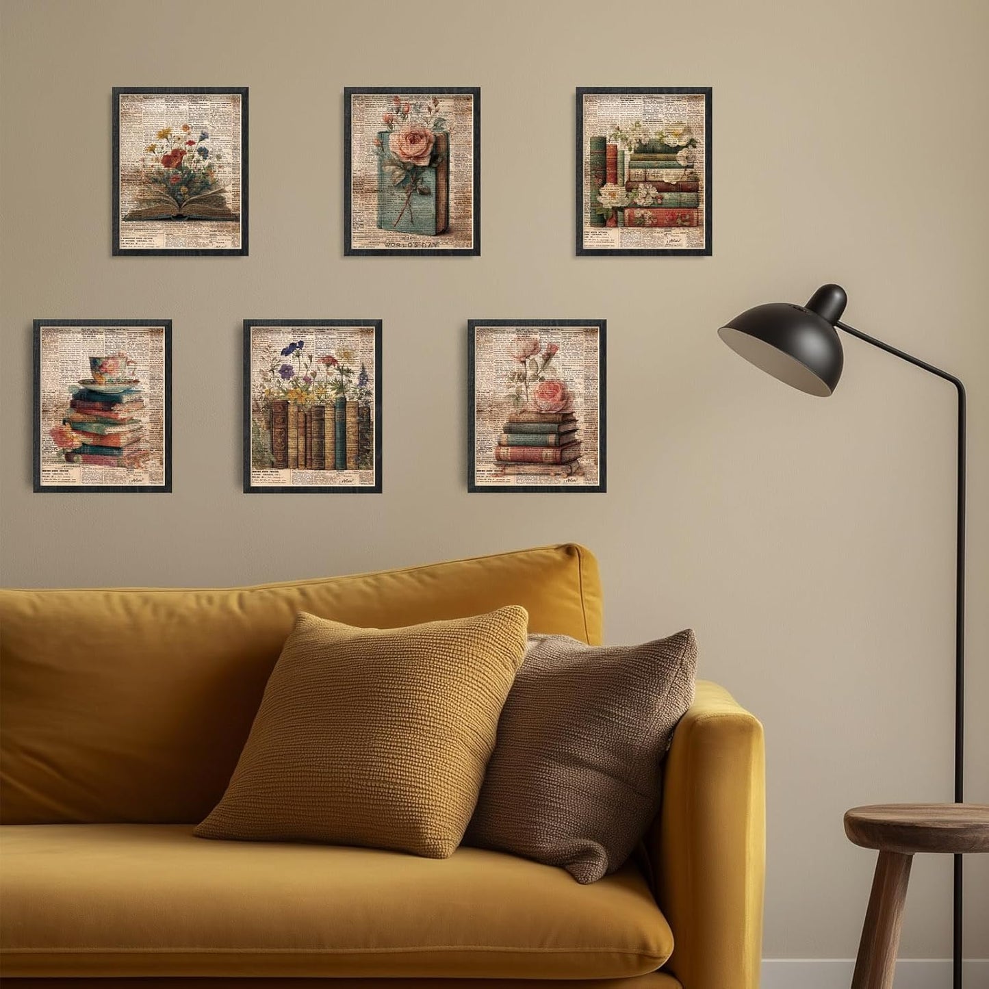 INFUNLY 6 Set Vintage Book Flower Wall Art Print 8x10Inch Retro Floral Poster Pictures Text Background Canvas Wall Art Unframed Academia Aesthetic Pictures Prints for Bedroom Office Study Room Decor
