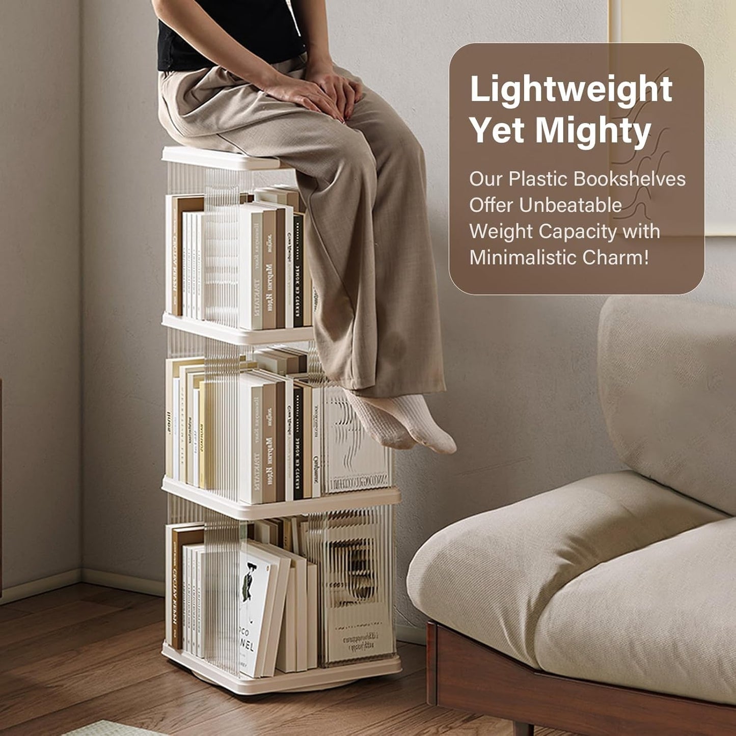 ELPHECO 4 Tier Rotating Bookshelf Rectangular Spinning Bookcase, Revolving Corner Bookshelf on Wheels, 360 Display Floor Standing Storage Rack, Book Shelf Organizer for Study, Living Room, Bedroom