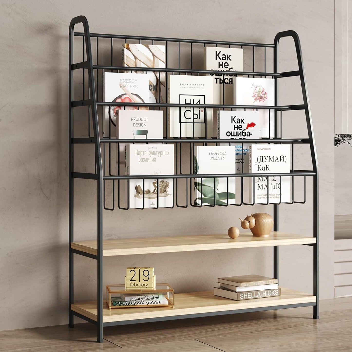 Bookshelf for Kids,Modern Magazine Rack Floor,Freestanding Bookcase for Books,Kids Picture Books,CD DVD & Vinyl Record Storage,Metal Display Shelf with Wooden Shelves(Black, L:31.5")