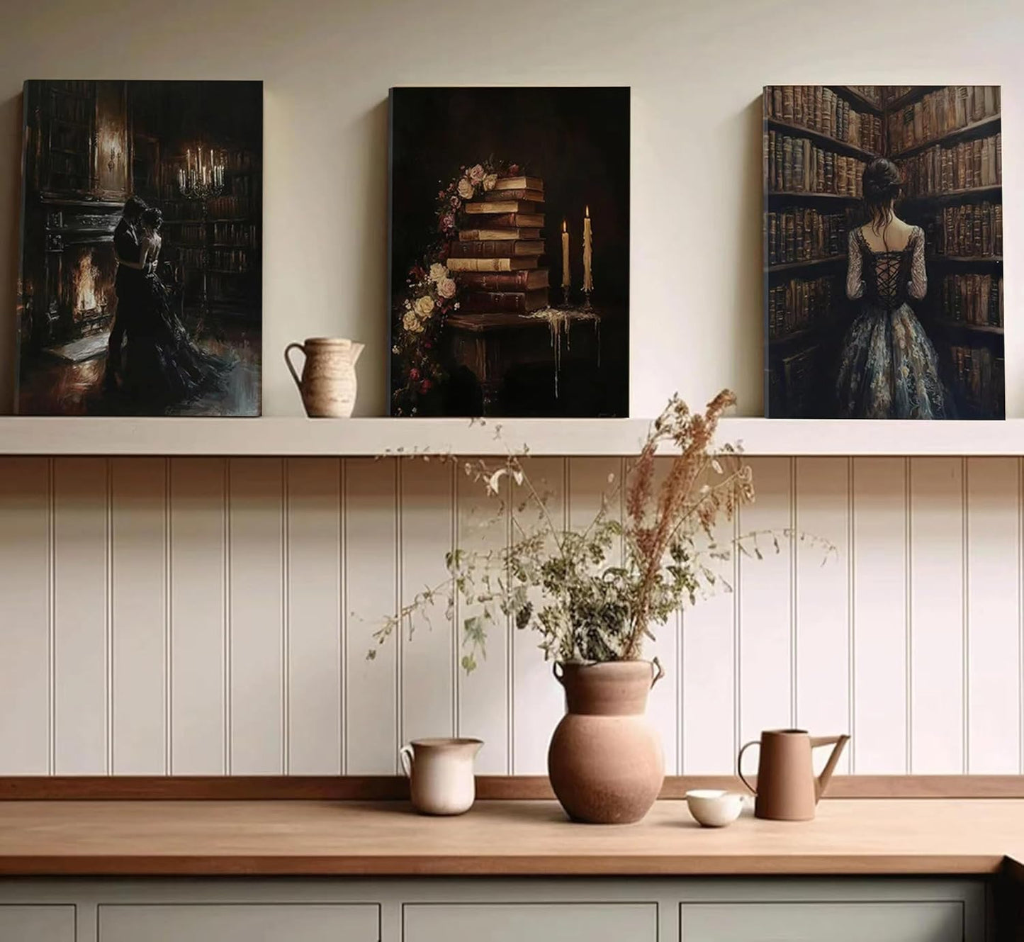 3pcs Vintage Library Canvas Wall Art Gothic Dark Academia Aesthetic Posters Prints Paintings Victorian Antique Book Wall Decor Pictures for Living Room Bedroom Reading Room Home Decorate Unframed