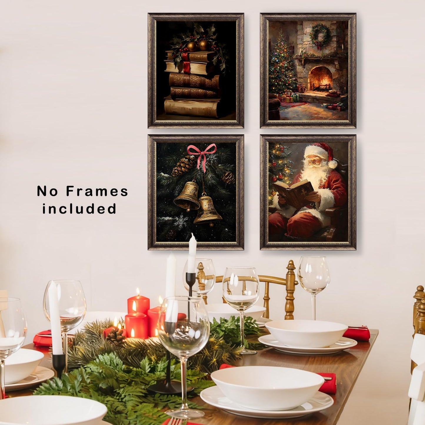 XUNLURY Dark Academia Christmas Wall Art Prints Unframed Set of 4, Vintage Christmas Wall Decor, Santa Book Cozy Fireplace Xmas Tree Bells Artwork Pictures for Home Library Reading Room Corner, 8x10
