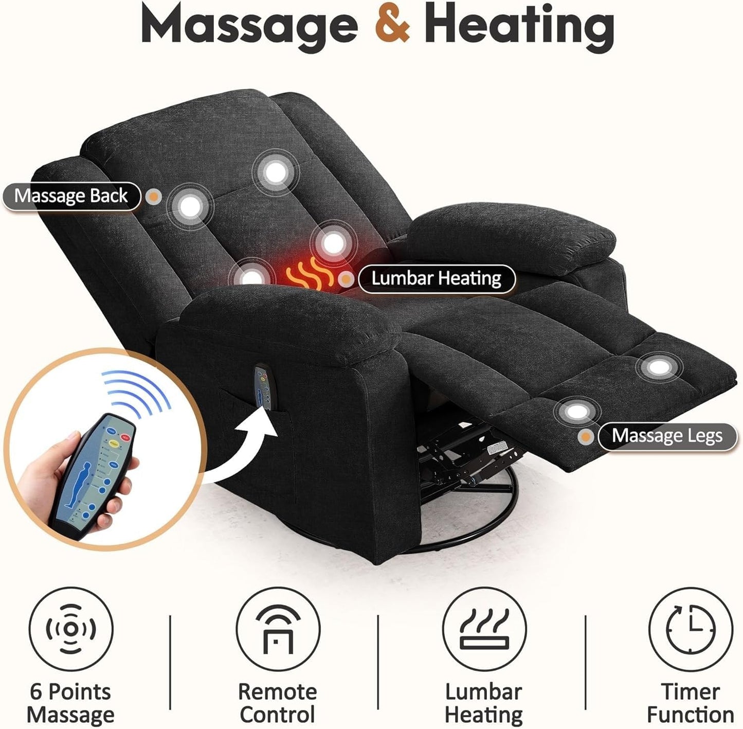 360 Swivel Rocker Recliner Chair with Massage and Heating Side Pockets Manual Reclining Chairs Remote Control for Living Room Bedroom Nursery