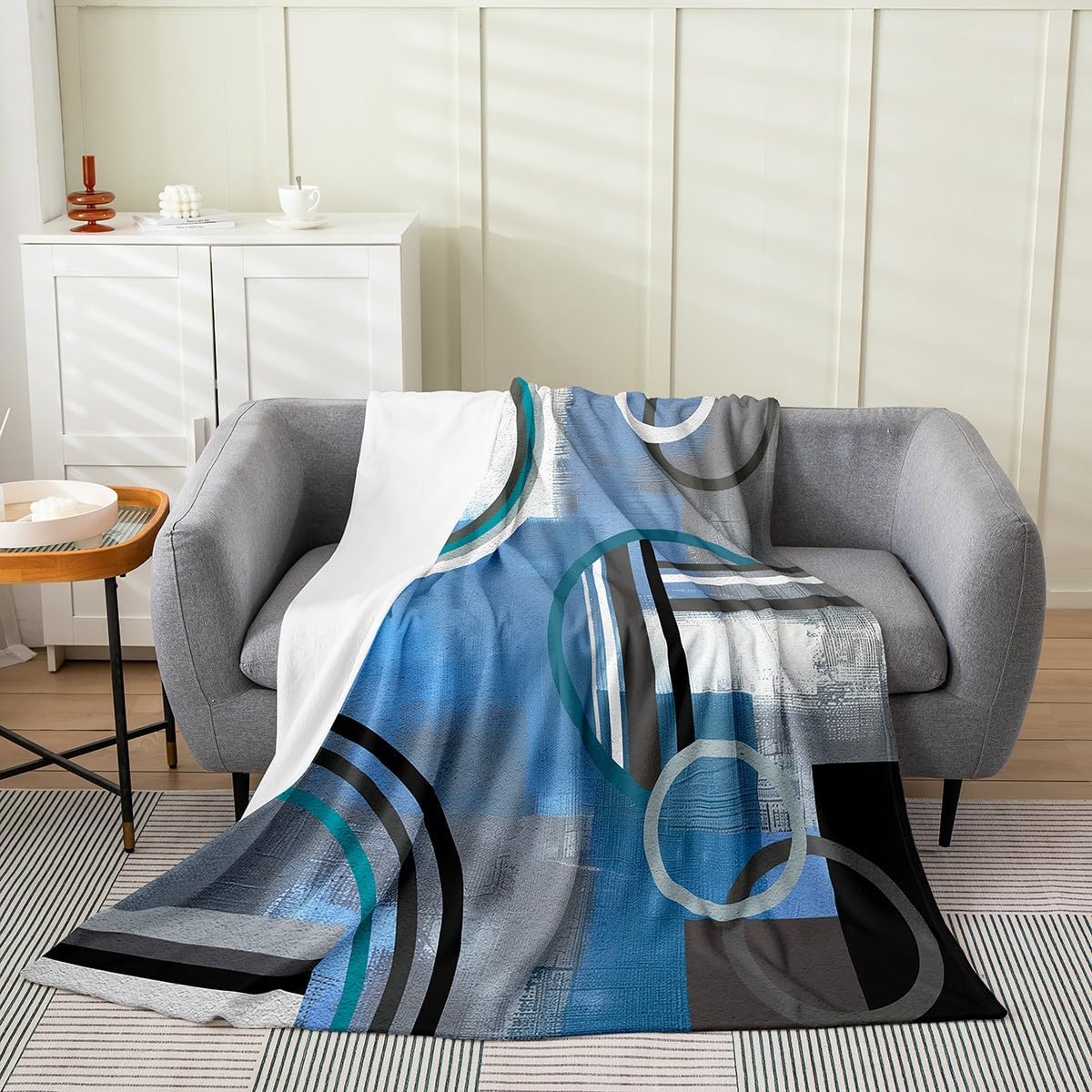 Erosebridal Blue Black Gray Throw Blanket Queen 90x90,Ombre Watercolor Fleece Blanket,Geometric Stripe Circles Sherpa Blanket,Oil Painting Bed Blanket,Modern Artwork Flannel Blanket Warm
