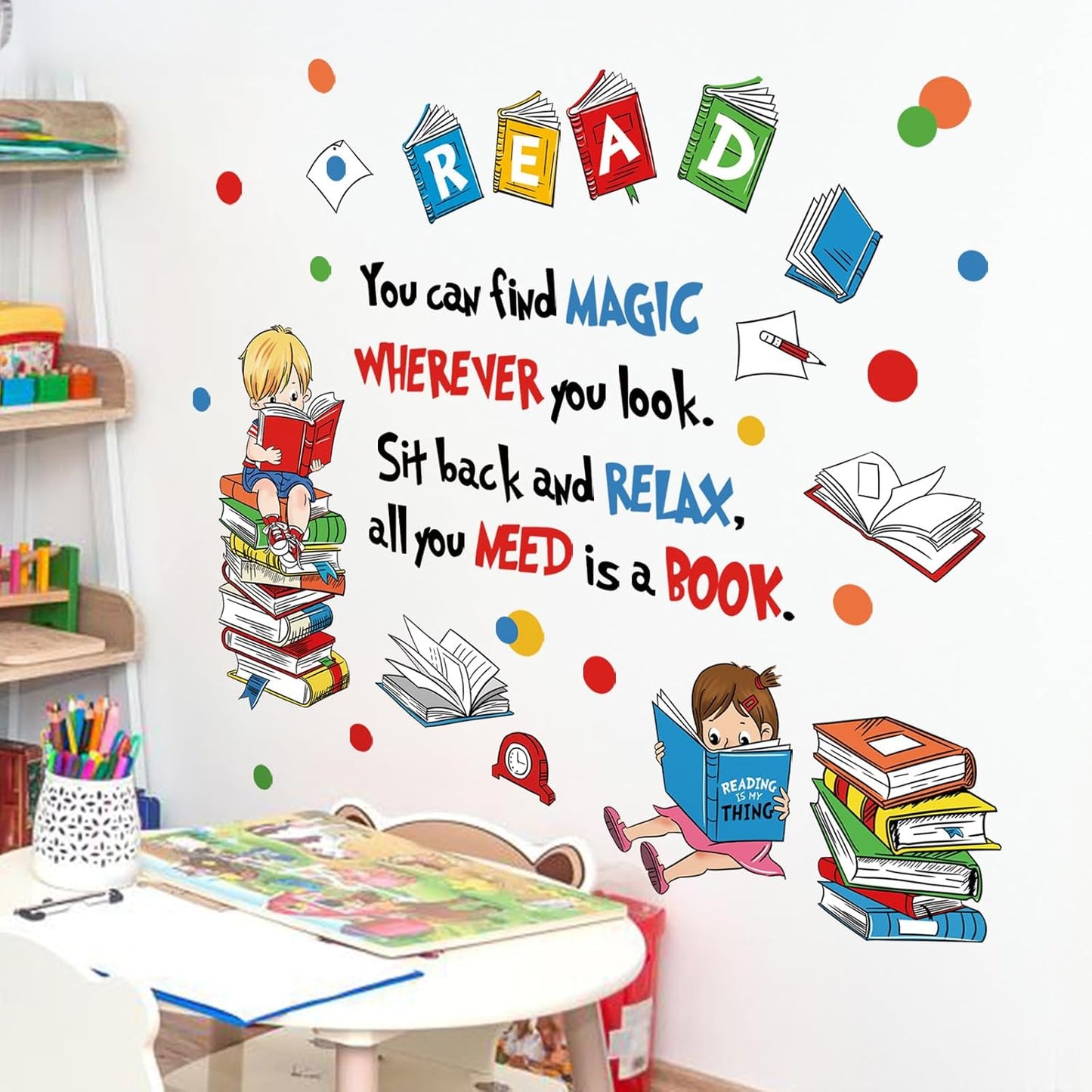 decalmile Reading Books Wall Decals Inspirational Quotes Polka Dots Wall Stickers Kids Room Classroom School Library Wall Decor