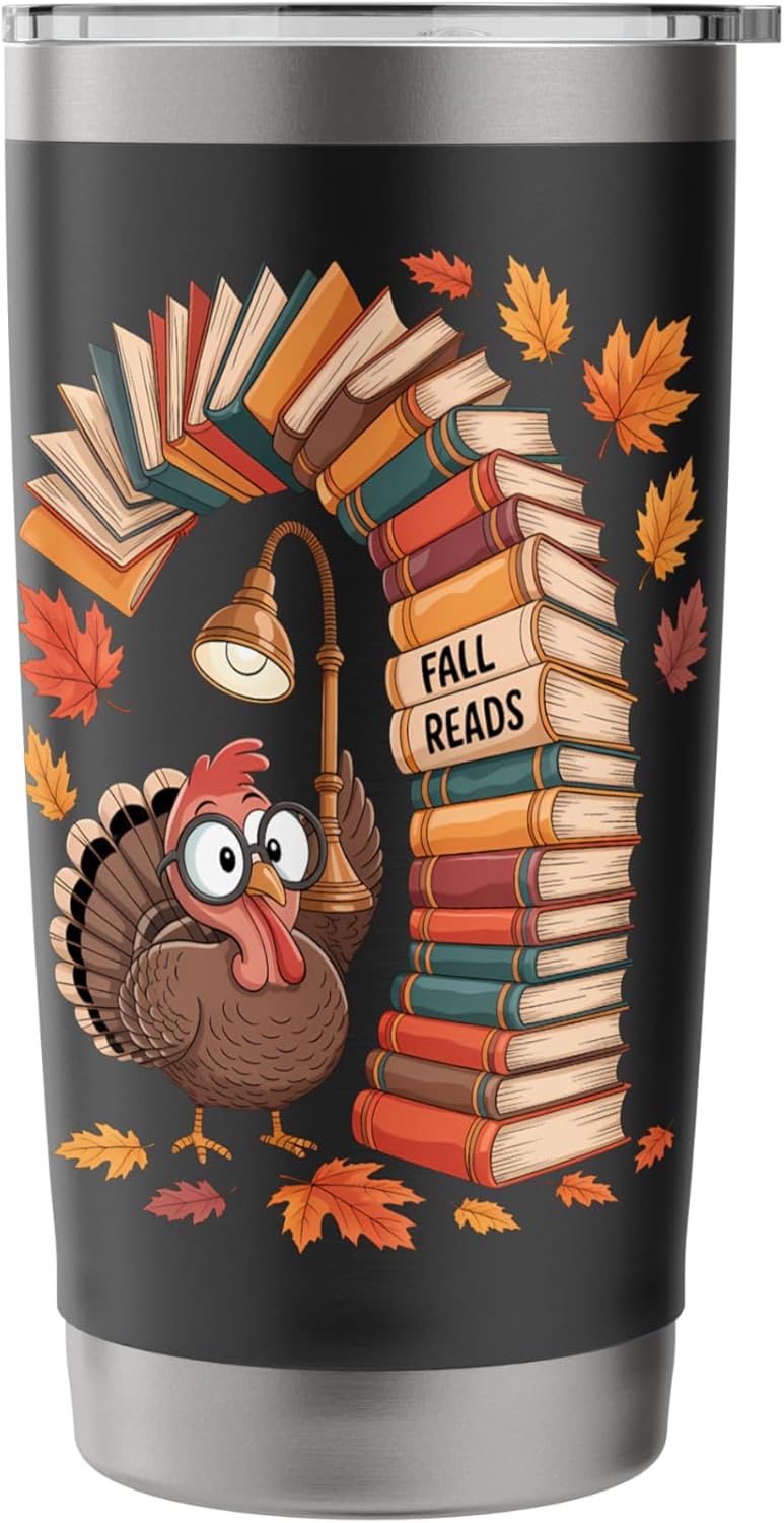 Fall Reads Turkey Book Stack Autumn Leaves Stainless Steel Insulated Tumbler