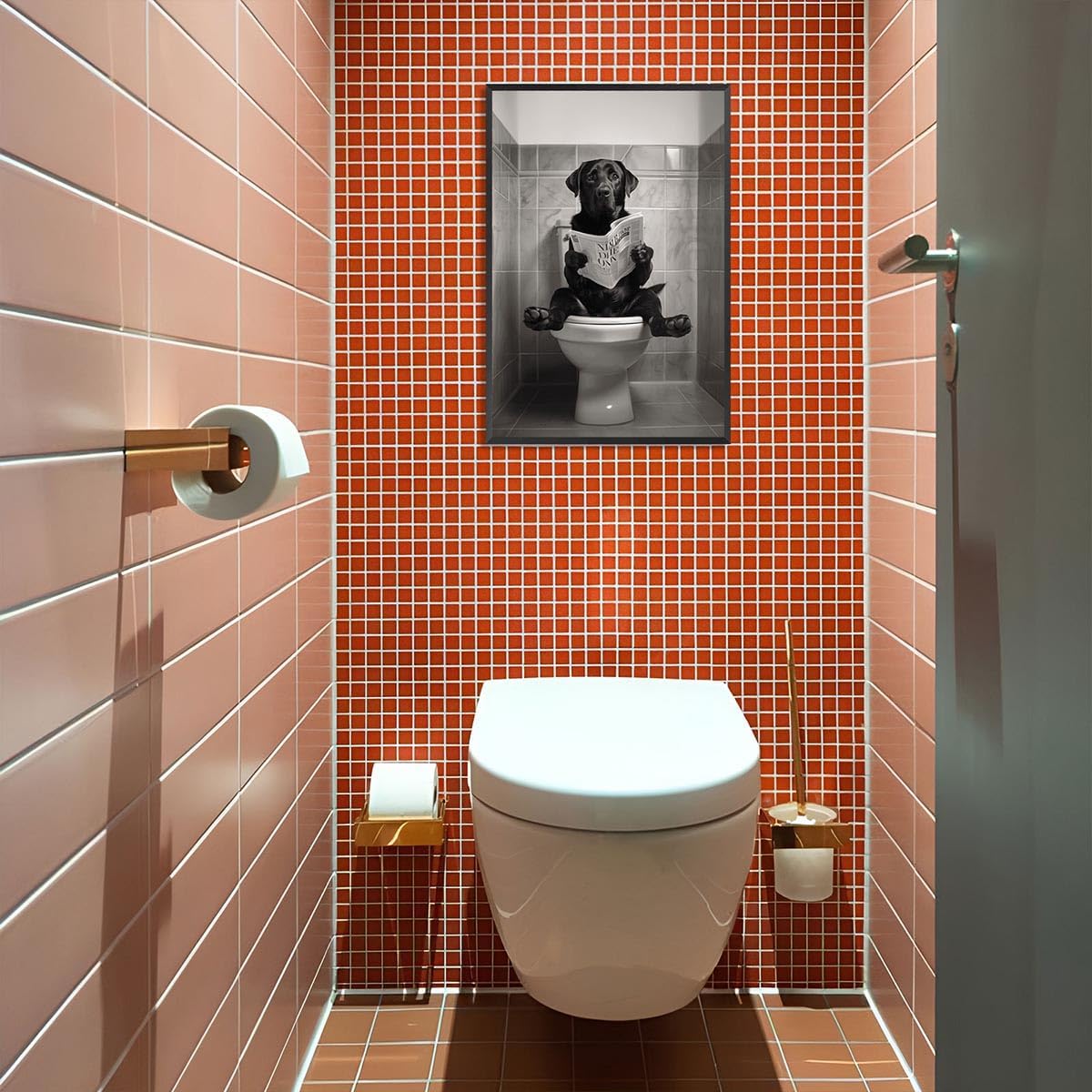 Beshdomp Vintage Black Labrador Retriever Reading On Toilet Newspaper Posters Black And White Canvas Wall Art Funny Animals Aesthetic Prints Painting For Home Bedroom Dorm Wall Decor 8x10in Framed