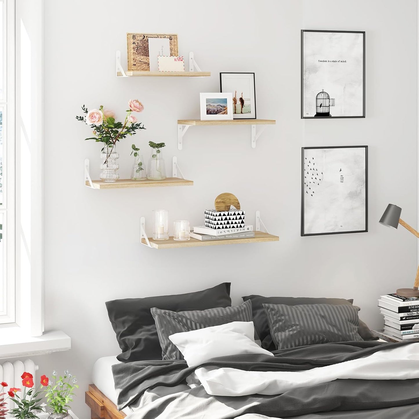 YGEOMER Floating Shelves for Wall, Different Sizes Natural Wood Wall Shelves for Living Room, Bathroom, Bedroom, Kitchen, Home Decor (Set of 4)
