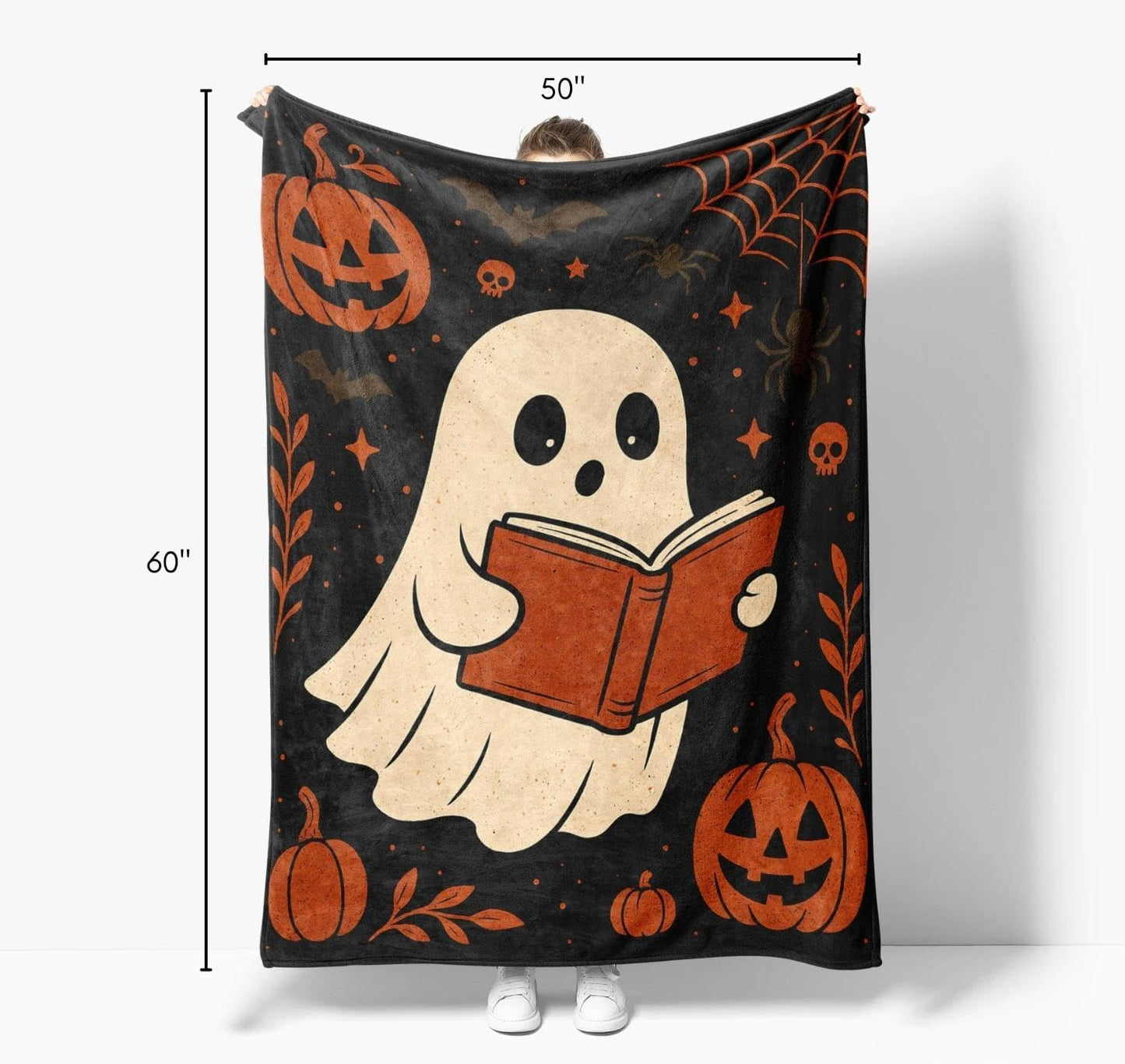Ghost Reading Blanket 60×50 Inch – Halloween Cozy Soft Throw Blanket with Cute Ghost and Pumpkin Design, Spooky Halloween Decor for Bedroom, Living Room, Sofa, Couch