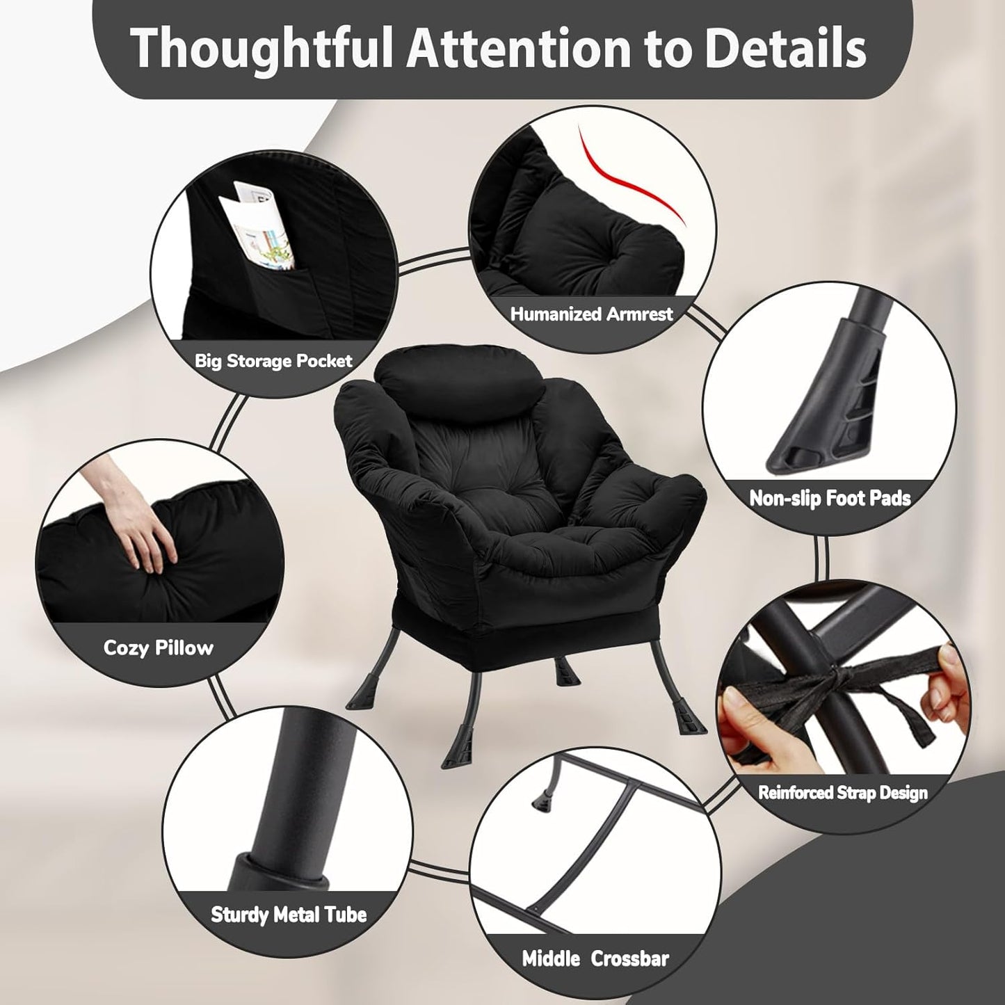Lazy Chair Thick Padded, Comfy Velvet Accent Lounge Chair with Stable Frame, Leisure Sofa Armchair with Armrests and Side Pocket, Reading Chair for Bedroom, Living Room, Office, Black