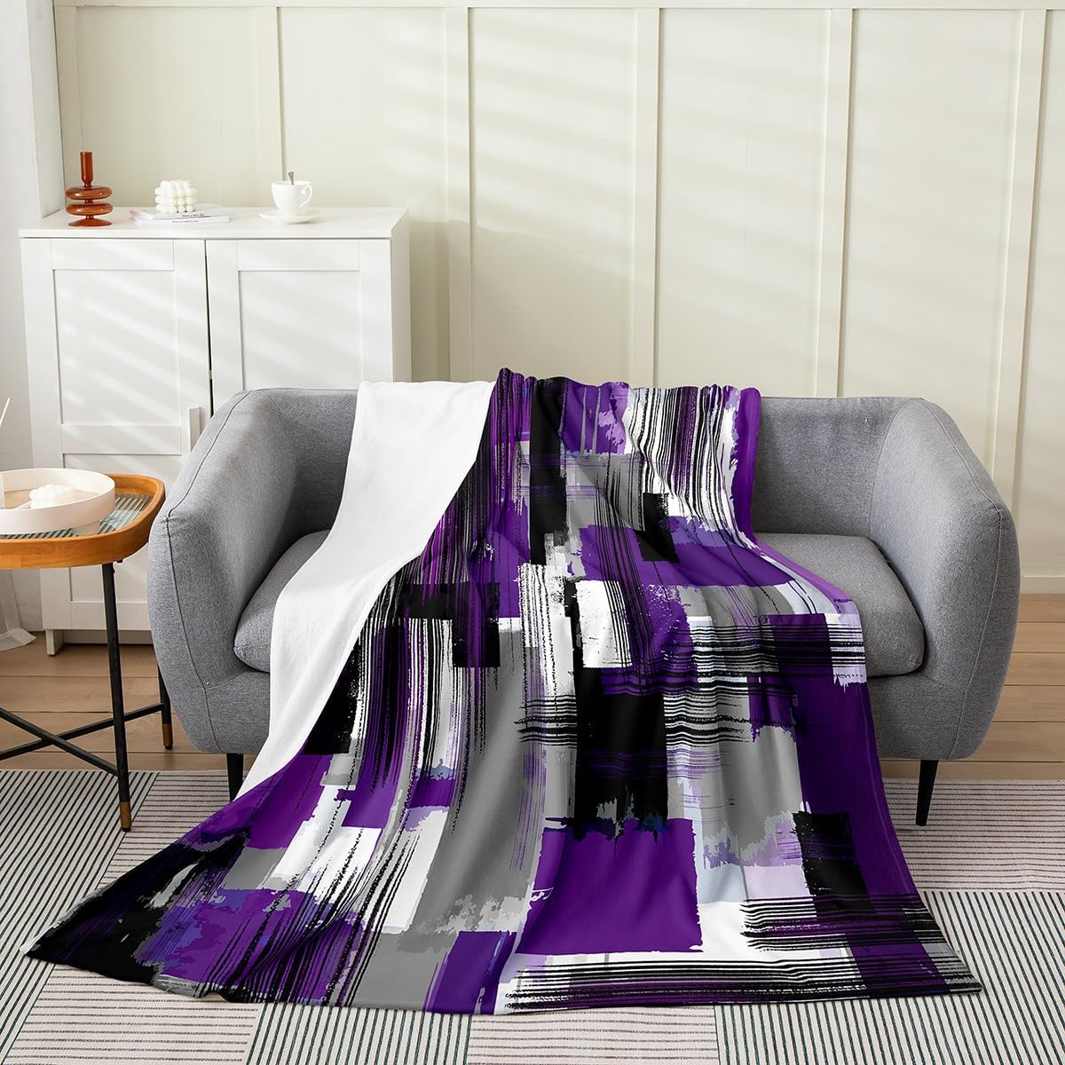 Feelyou Purple Grey Black Blanket Twin 60"x80" Abstract Stripes Plush Throw Blanket, for Kids Boys Girls Decor Stripe Line Flannel Fleece Blanket Microfiber Modern Art