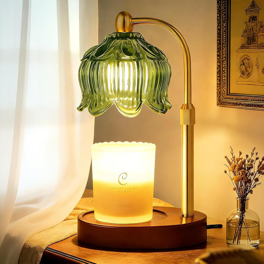 Adjustable Flower Candle Warmer Lamp with Timer, Lotus Tulip Glass Warmer Light for Jar Candles, Electric Wax Warming Melter, Gifts for Women Mom, Vintage Bedroom Decor (Green)