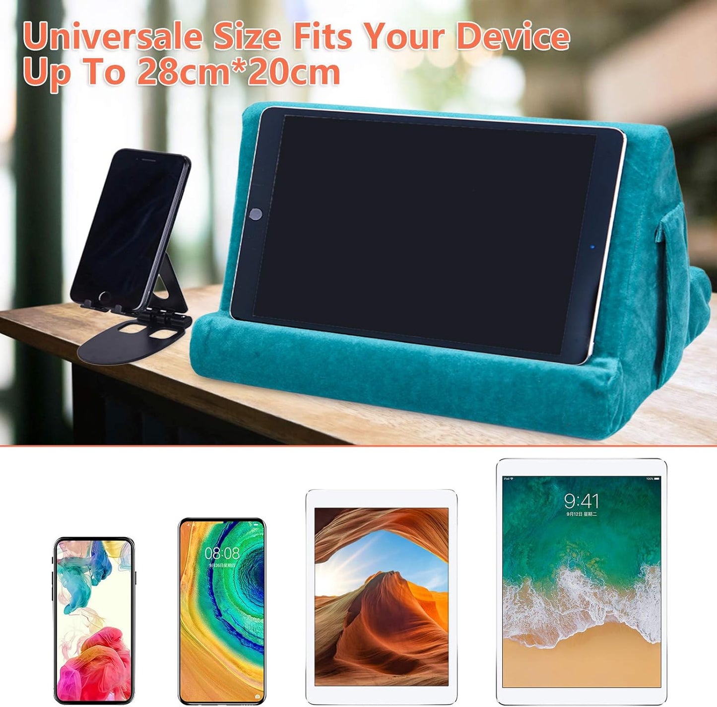 2pcs Multi-Angle Tablet Holder Cushion Stand with Net Pocket & Black Color Phone Stands Upgraded Tablet Pad Support for Phone,Pad,Books ( Lakeblue )
