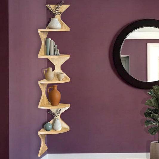 Zigzag Corner Shelf, Wood Corner Wall Shelf, 5 Tier Floating Corner Shelves for Small Space Storage, Corner Bookcase for Living Room, Home Office, Bedroom, (Natural, 5 Tier)