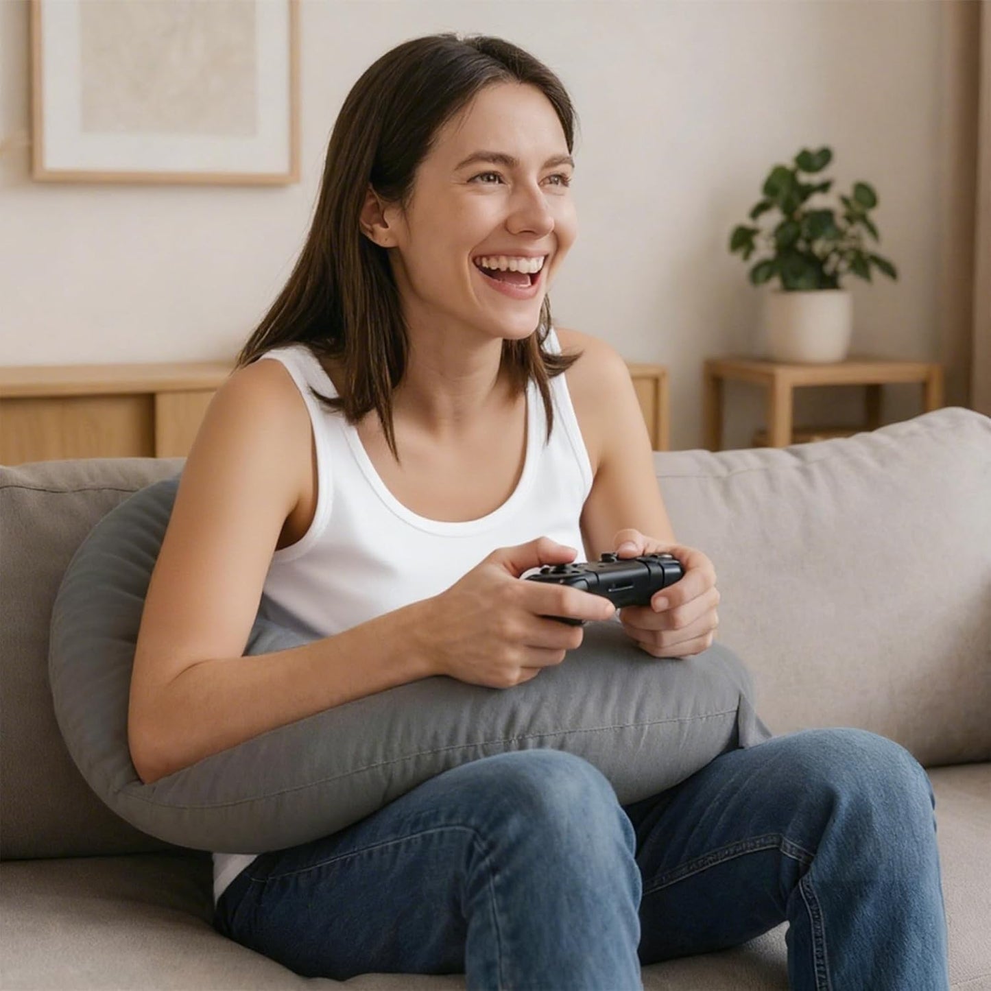 XWZO Reading Pillow for Gaming, Crocheting or Playing with Strong Arm Support, Gaming Pillow for Arm Rest When Sitting in Bed & Sofa, Lap Pillow Swen with Tiebacks and Side Pocket, Grey