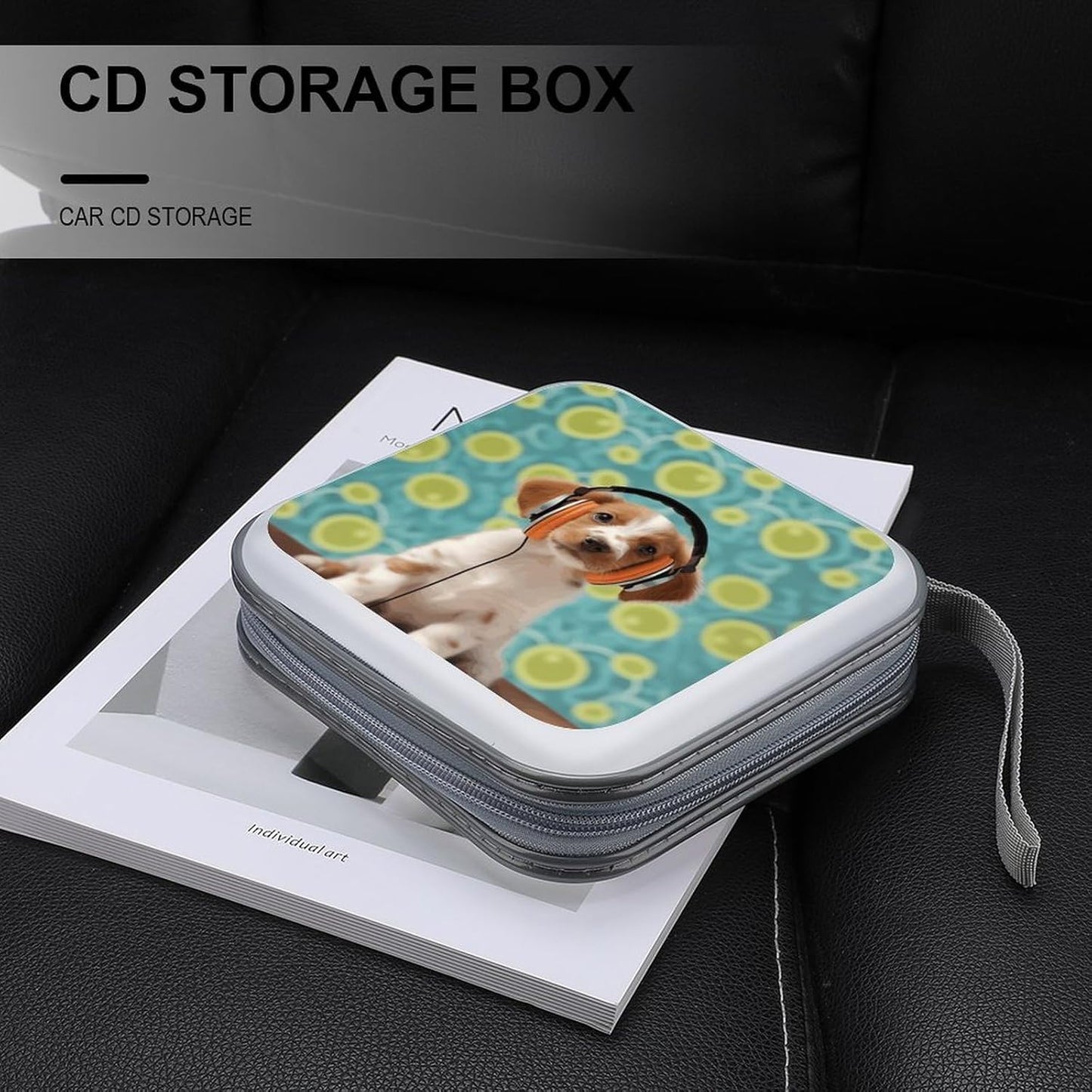 Puppy with Headphones CD Case 40 Capacity Case Zipper CD Collection Bag with Handles Cover DVD Storage Hard Plastic DVD Disc Cases Storage Binder for Car Home Office Travel