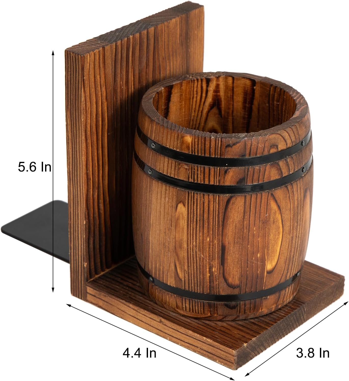 Rustic Torched Brown Wooden Bookends Set of 2 Wine Barrel Pen & Pencil Holders Accessories Containers L-Shaped Book Stoppers Desk Shelf Vintage Desktop Wood Organizer Home Office Library Study
