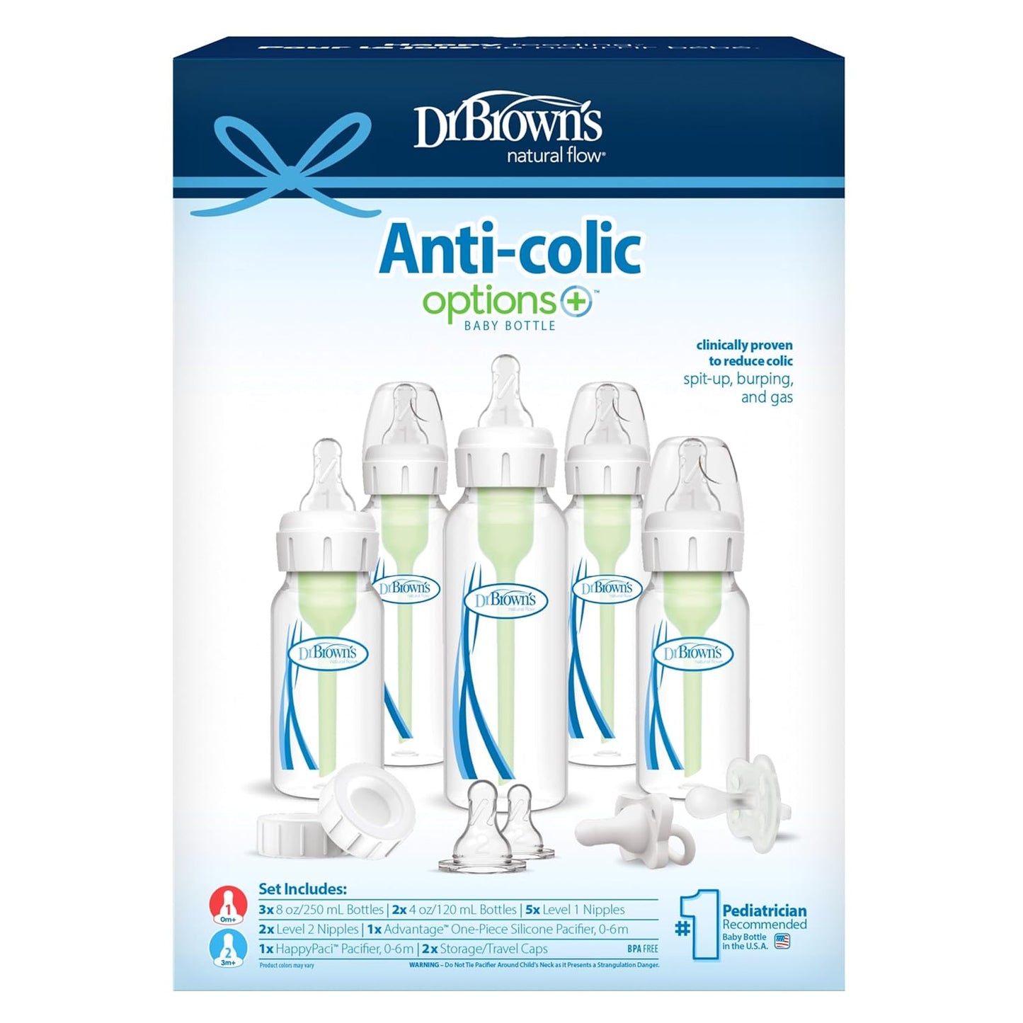 Dr. Brown's Natural Flow Anti-Colic Options+ Narrow Baby Bottle Gift Set with Advantage Pacifier & Bottle Travel Caps, 0m+ (Packaging/Pacifier May Vary)