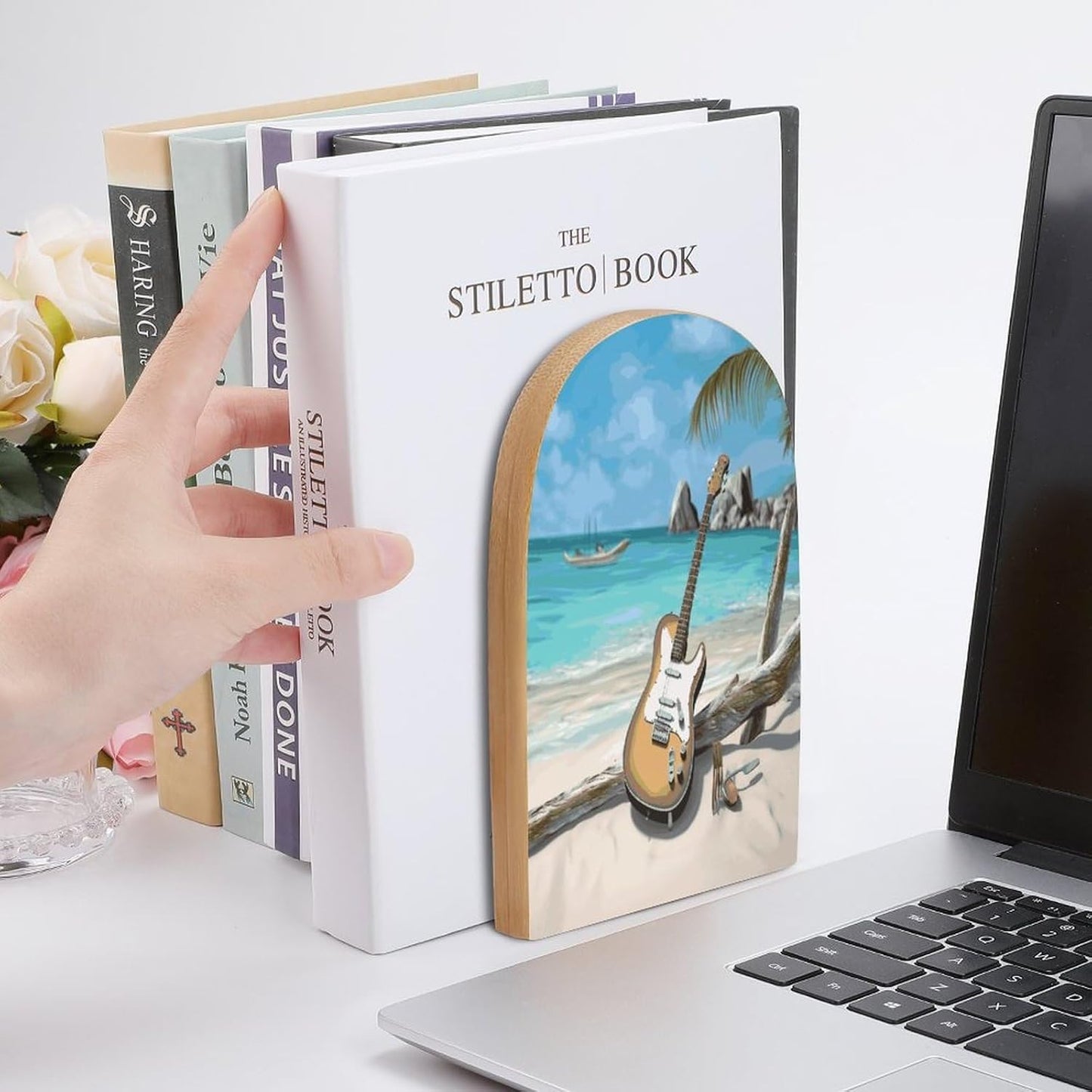 Non-Slip Bookend for Shelves Guitar on The Beach Wooden Bookends with Metal Base Decorative Book Stopper for Home Heavy Duty Wood Book Storage for Books/CDs