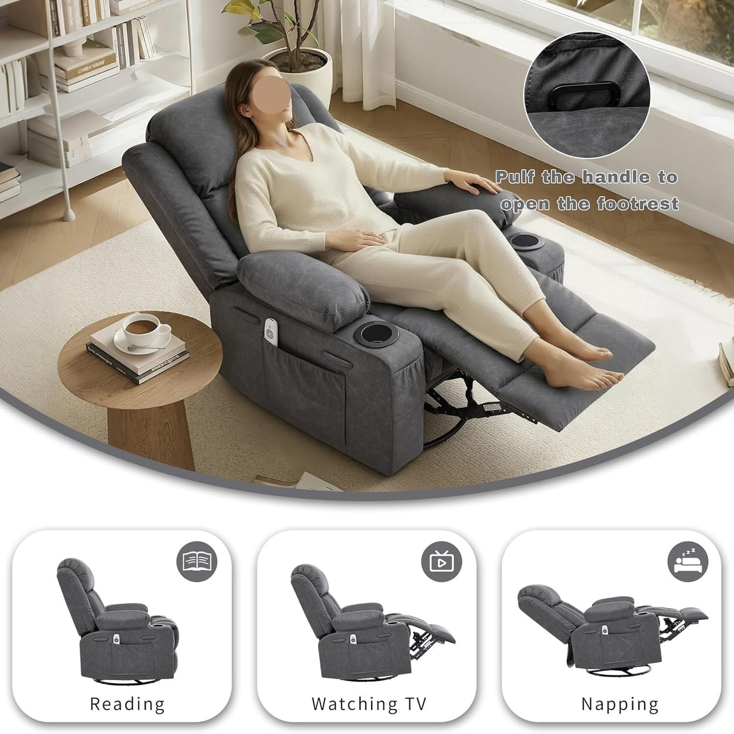 Rocker Recliner Chair with Heat and Massage for Adults Elderly Oversized 360 Swivel Recliners Chairs Single Sofa Seat for Living Room Bedroom