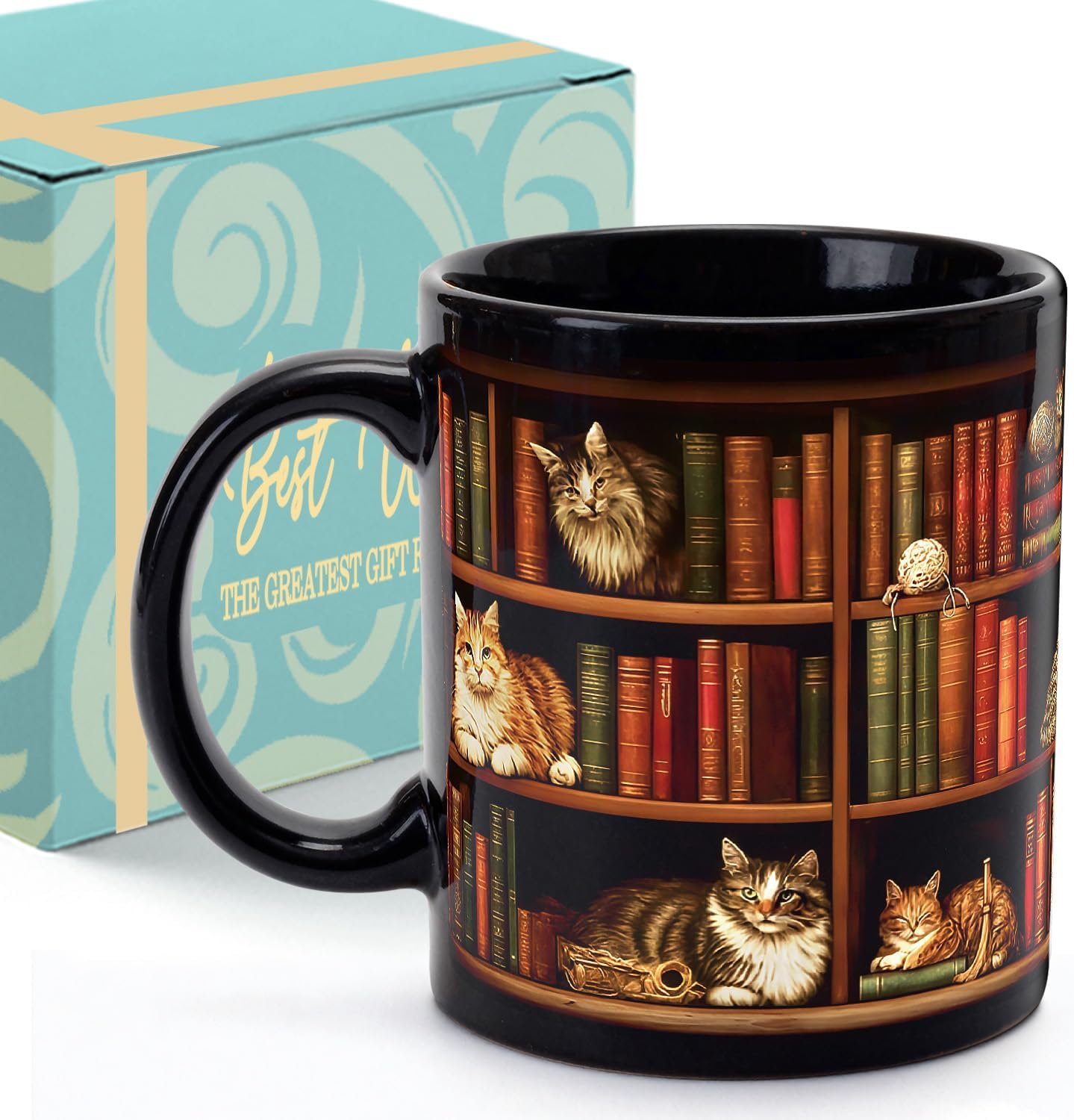 Cat Bookshelf Coffee Mug Gifts for Book Lovers, Book Lover Bookish Gifts for Bookworm Women Readers Librarian Writer, Cat Lovers Black Mugs 11oz