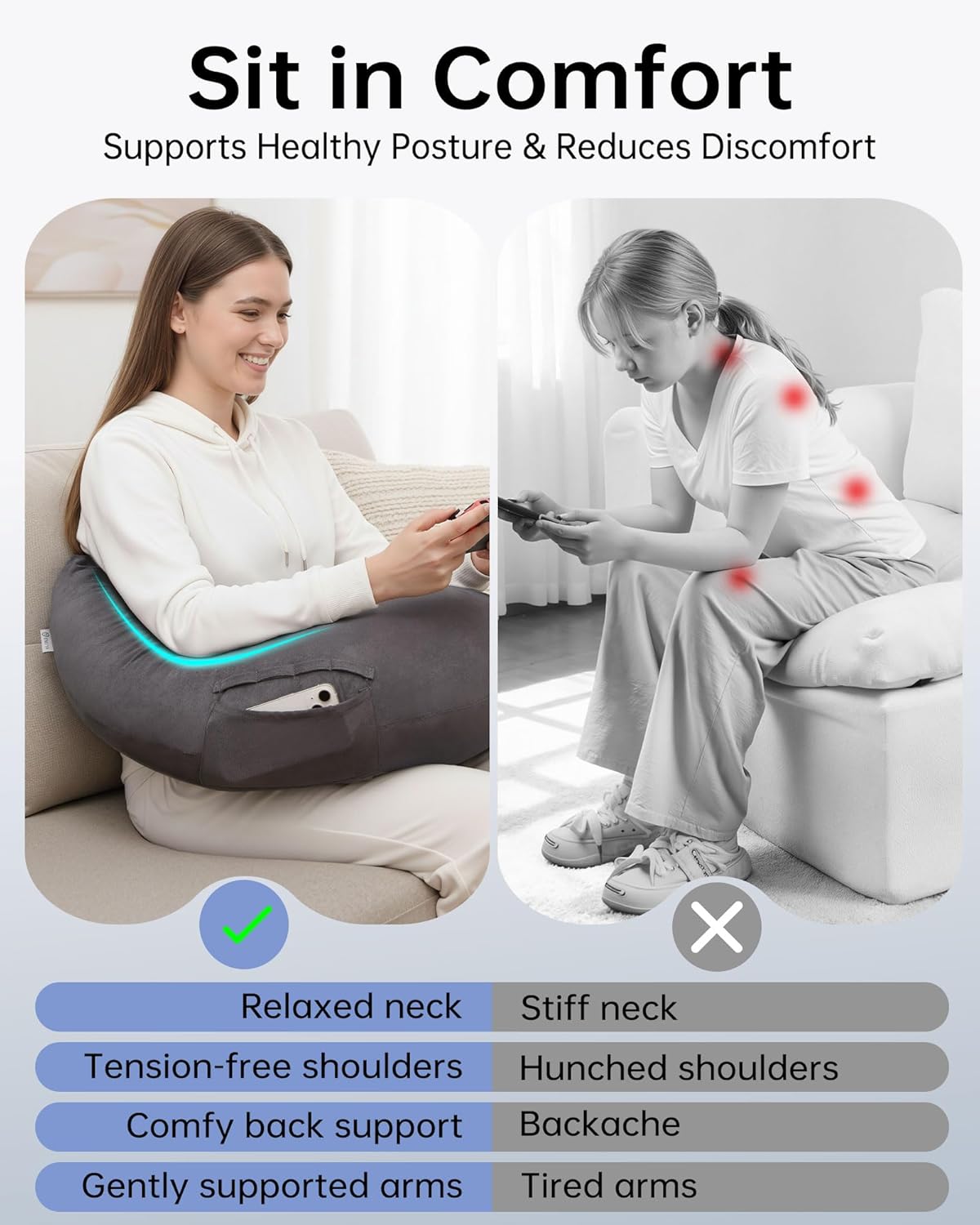 ENITYA Extra Large Ergonomic Gaming & Reading Pillow with Arm & Elbow Support – U-Shaped Lap Pillow for Adults & Kids Crocheting, Knitting, Nursing, or Working in Bed, Washable Suede Cover (Grey)