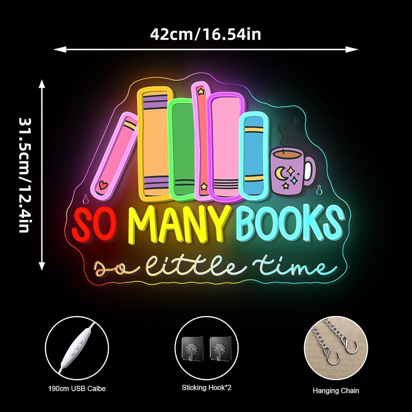 So Many Books A Little Time Neon Sign Reading Corner for Kids Reader Neon Light for Wall Decor LED Light Library Classroom Cool Kids Read Book Club Christmas Gift for Teens