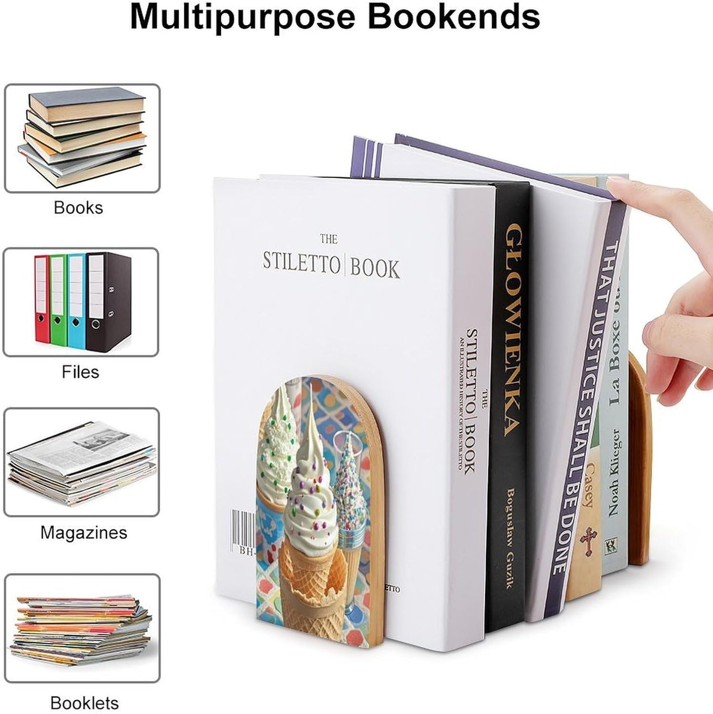 Sweet Ice Cream Bookends 1 Pair Heavy Duty Book Ends for Shelves Non-Skid Bookend Supports Wooden Book Holders with Metal Base Desk Organizers Books Storage to Hold Books