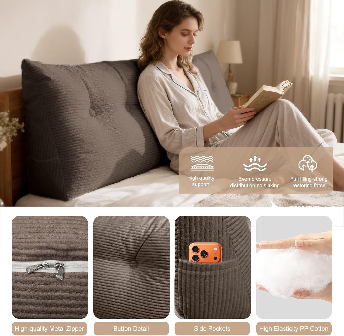 Wedge Pillow Headboard Queen Triangular Bed Wedge Pillow for Headboard, Headboard Pillow Reading Pillow for Daybeds and Bunk Beds with Removable Velvet Cover
