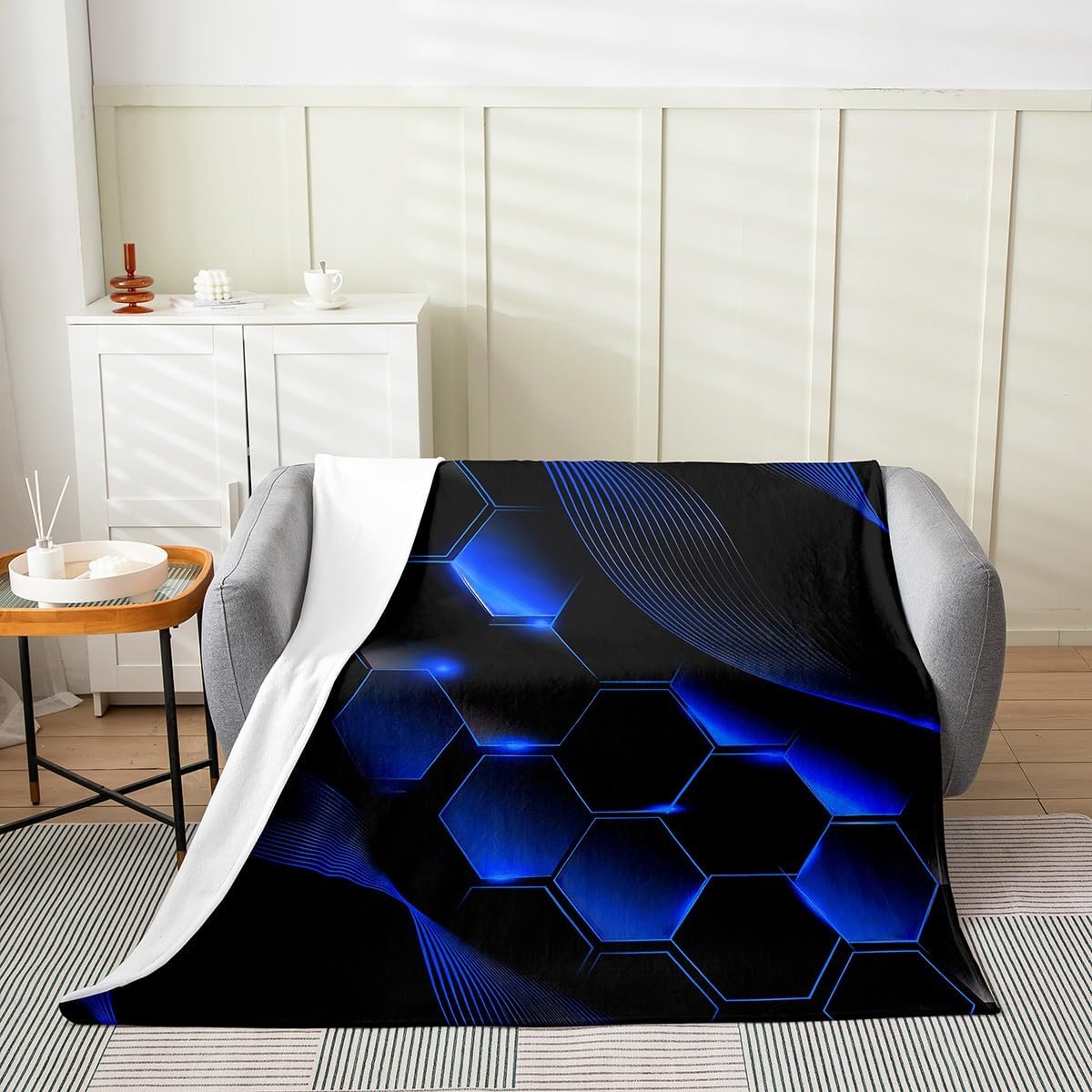 Erosebridal Royal Blue Black Honeycomb Fleece Blanket Queen 90x90,Neon Lights Hexagon Throw Blanket for Teens Adult,Striped Curve Lines Fuzzy Blanket,Ombre Glowing Stripes Sherpa Blanket