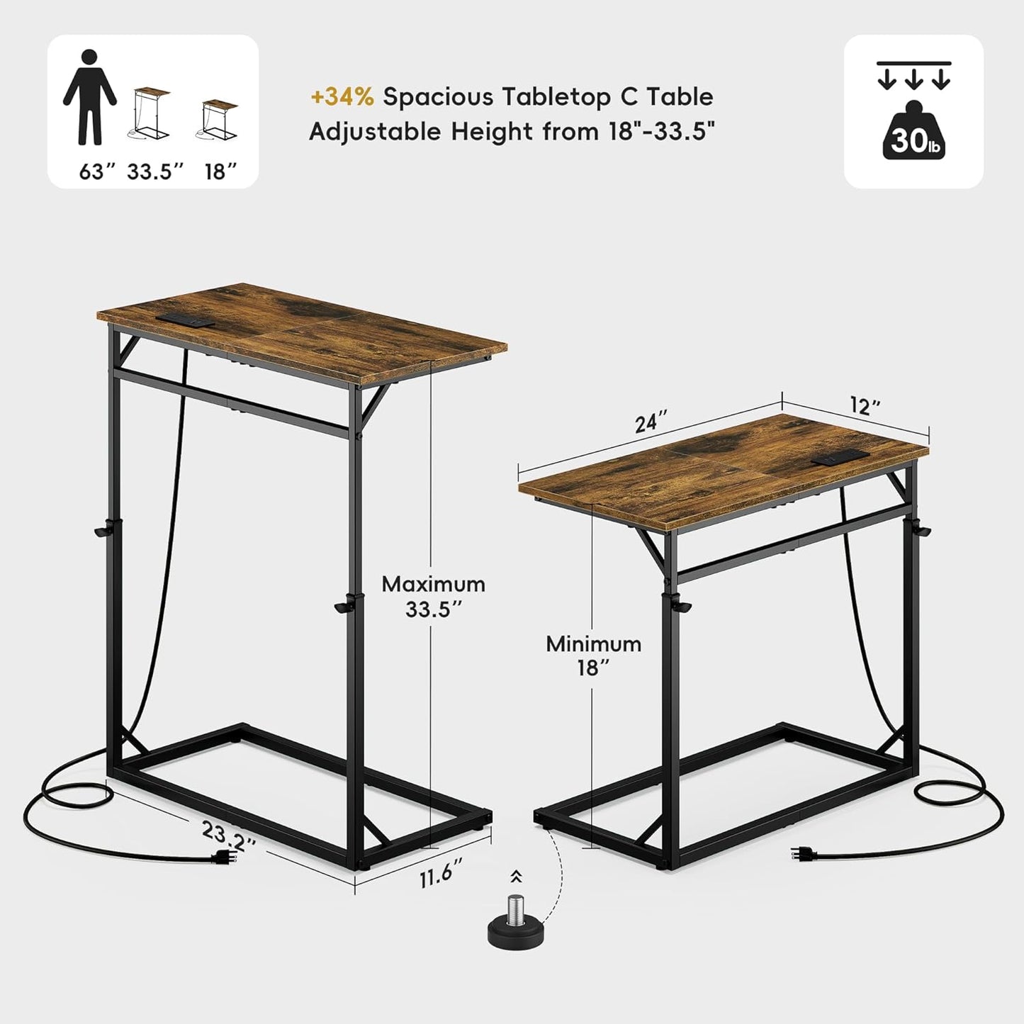 Vagusicc C Shaped End Table with Charging Station, Large C-Table End Table Adjustable Height Side Table for Couch, Couch Table Slide Under Sofa Table TV Tray Table for Sofa, Living Room, Bedroom,Brown