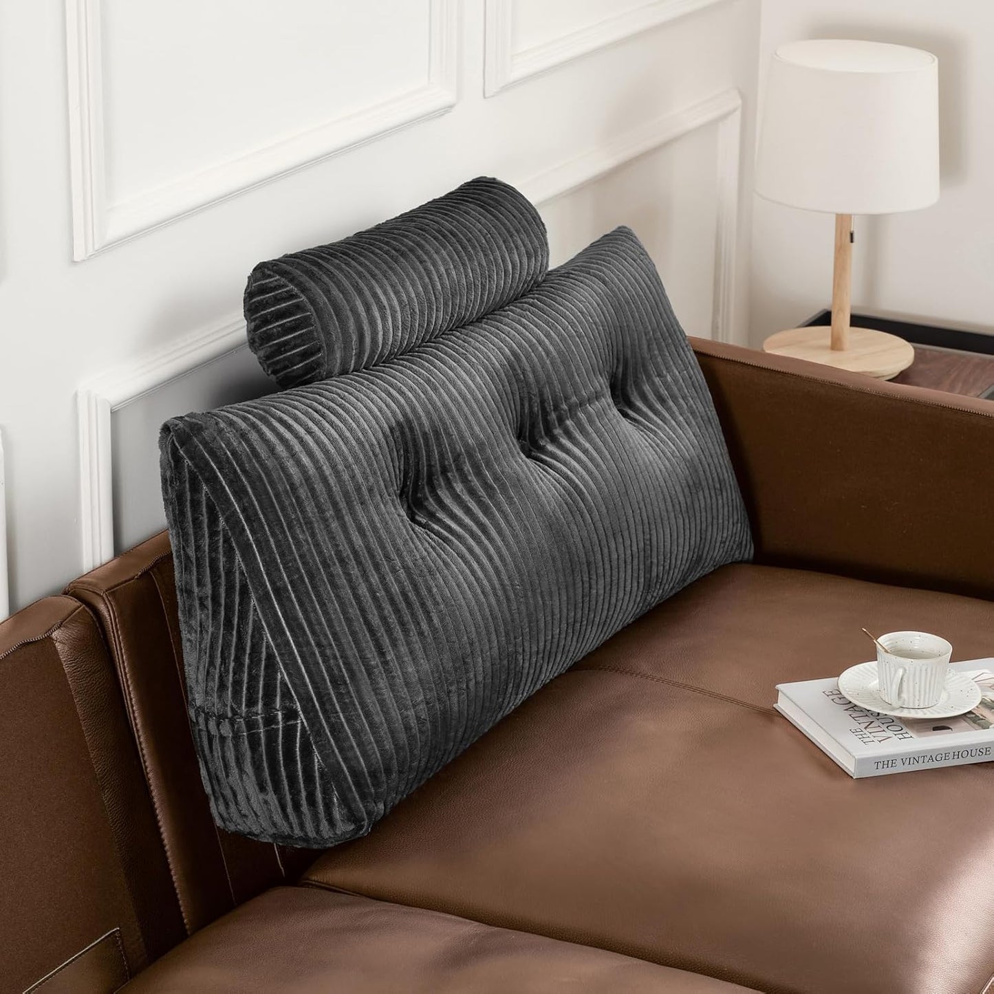 Wedge Headboard Backrest Pillow — Twin, Ultra Soft, Triangle with Roll Pillow, Grey