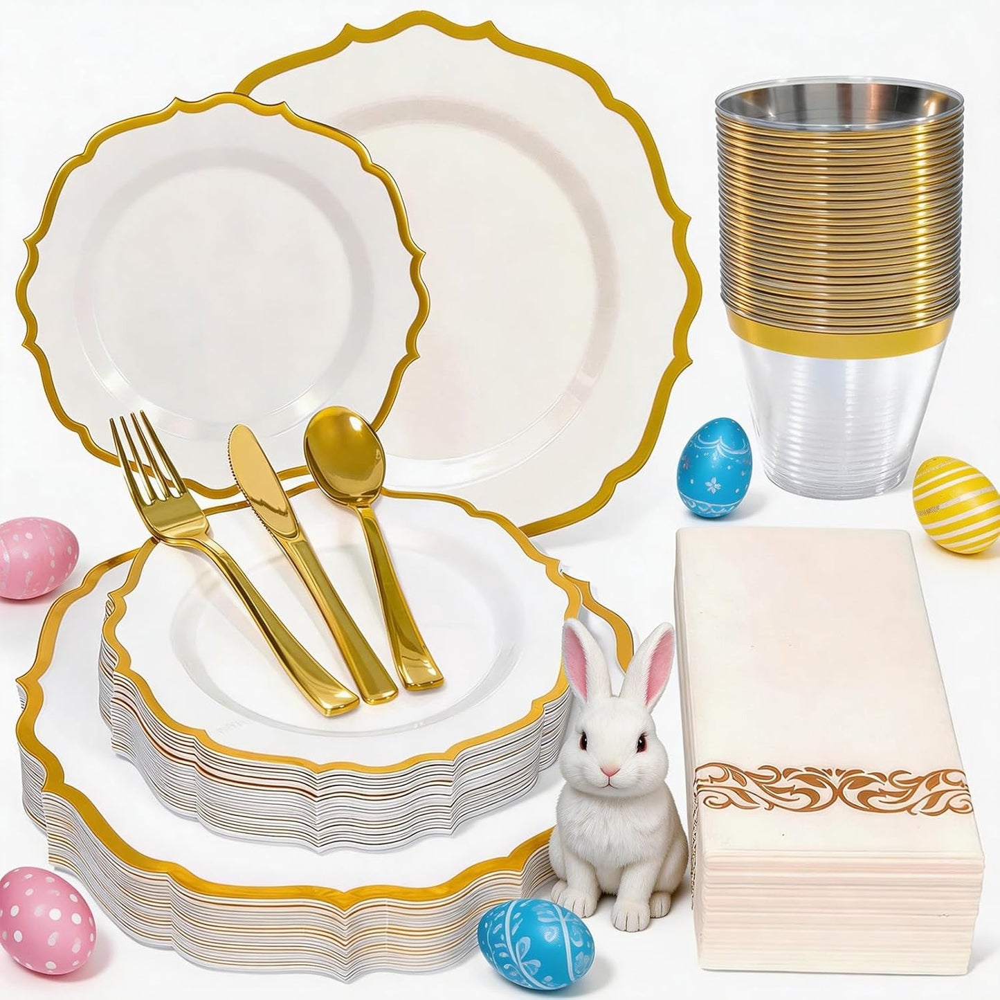 175 Plastic Dinnerware Set Gold Disposable Dinnerware Set for 25 Guests Include 50 Plastic Plates 25 Silverware Set 25 Cups and 25 Napkins for Easter Party Wedding Birthday
