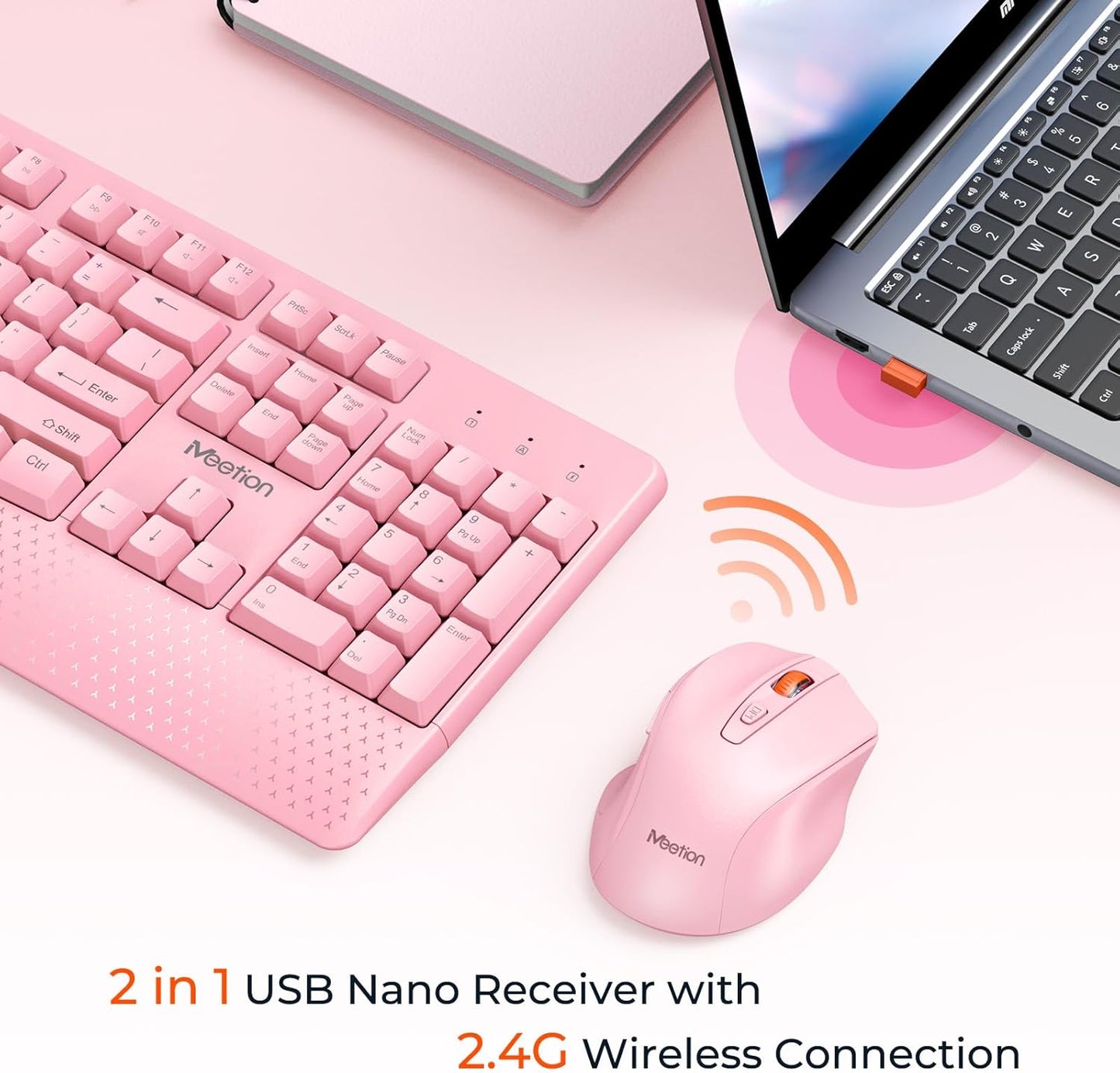 MEETION Wireless Keyboard and Mouse, Full-Sized Cordless Keyboard with Wrist Rest, 3 DPI Adjustable Mouse, Keyboard and Mouse Set with 2.4GHz USB Receiver, for PC/Computer/Laptop/Windows/Mac, Pink