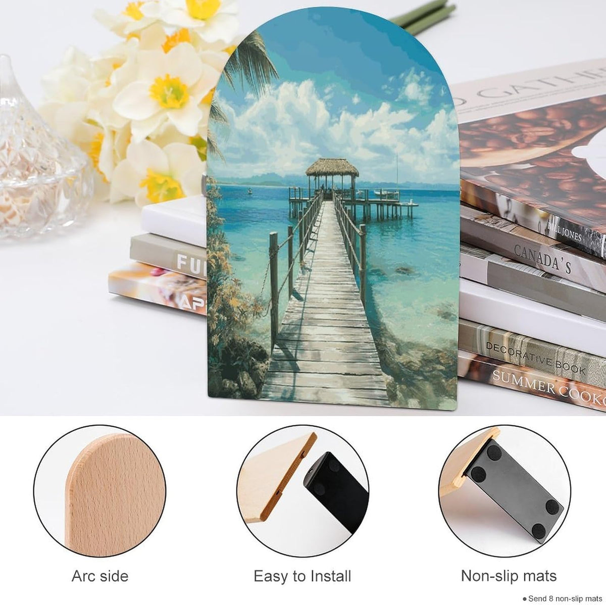 Tropical Pier Wooden Bookend Non-Slip Book Ends Heavy Duty Book Stopper with Metal Base Books Holderd Decorative Bookends Stands Firmly for Office Supplies