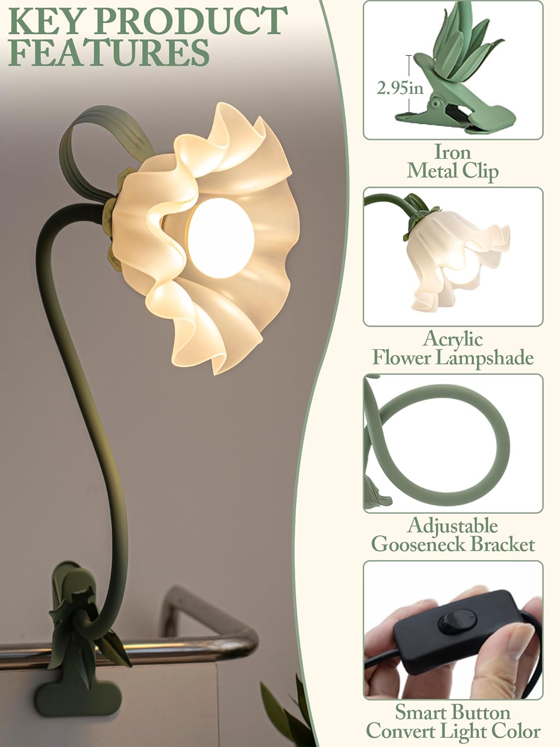 Flower Desk Lamp,LED Reading Light 360°Rotation Clip on Lamps,Vintage Flower Bedside Night Light,3 Colors Modes Book Lights Decor for Bedroom Bed Headboard Office Lighting Table Lamp Home Decoration