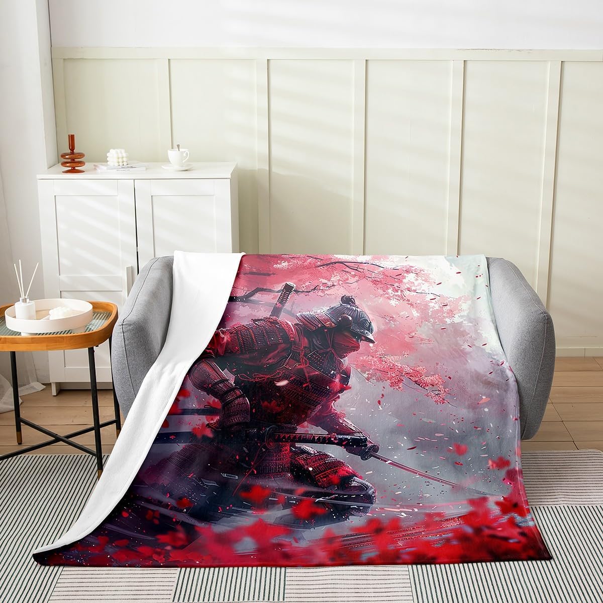 Erosebridal Japanese Samurai Blanket Queen 90x90, Japanese Style Sakura Trees Throw Blanket, Cherry Trees Blossom Fleece Blanket for Bedroom Living Room, Red Black Bushido Petals Fuzzy Blanket