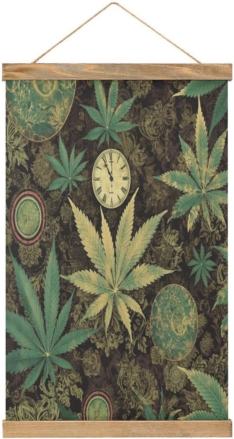 Vintage A Puff in Time Weed Marijuana Poster with Wooden Frame Personalized Linen Hanging Scroll Painting Rustic Wall Hanging Illustrative Modern Artwork Decor for Home Living Room Bedroom Office