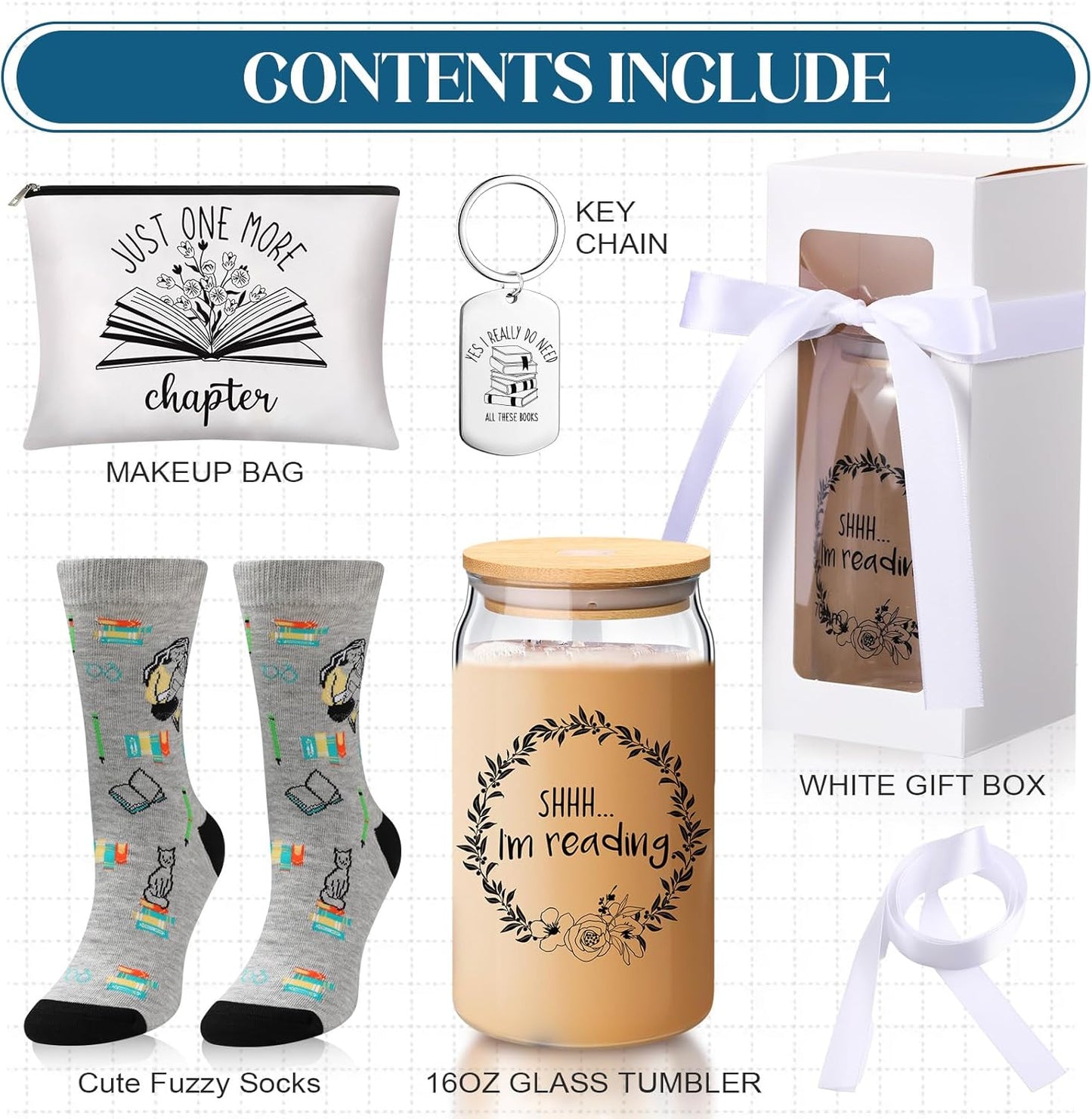 5 Pcs Book Lovers Gifts for Women Bookish Gifts for Readers Librarians Bookworms 16 oz Glass Cup Gift Box Makeup Bag Keychain Socks Birthday Presents for Book Lovers Women