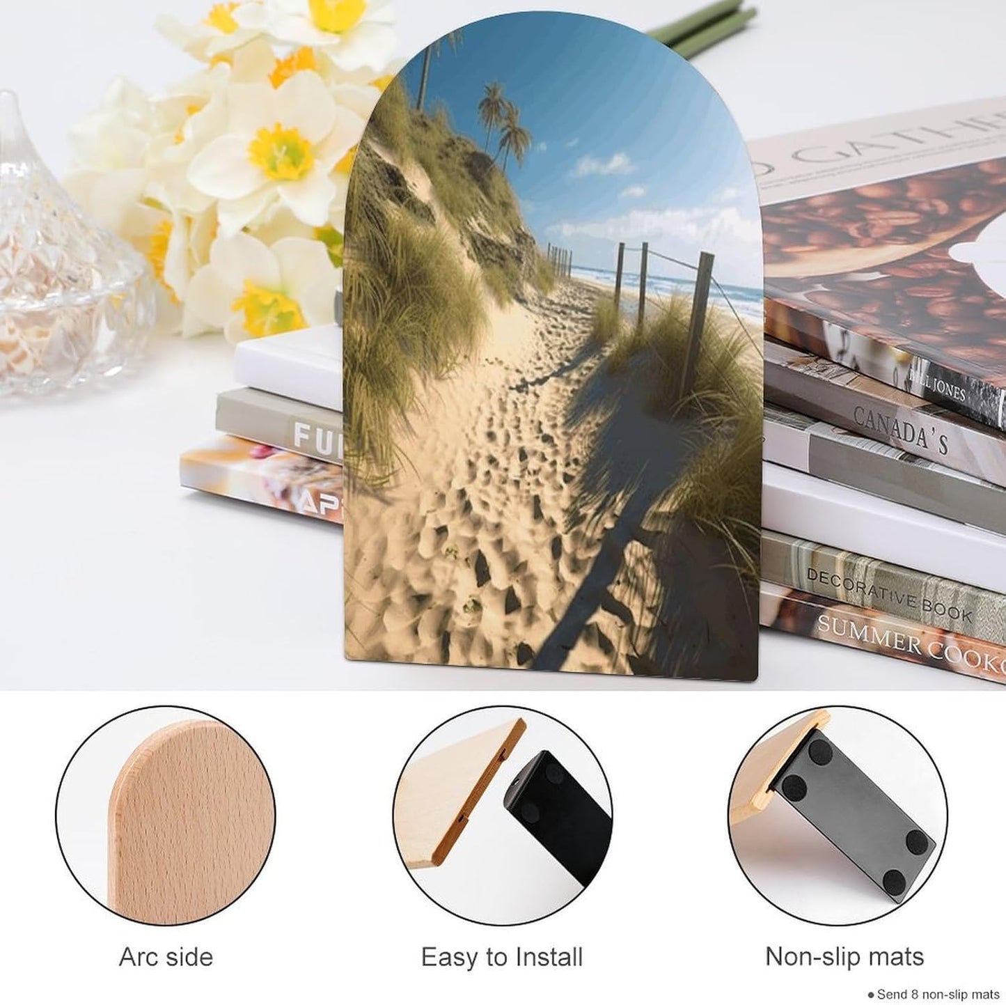 Beach Themed Bookend for Shelves Wooden Book End Large Size Sturdy Book Holders Stoppers with Metal Base for Bookshelves Slick Decorative Bookends Stands