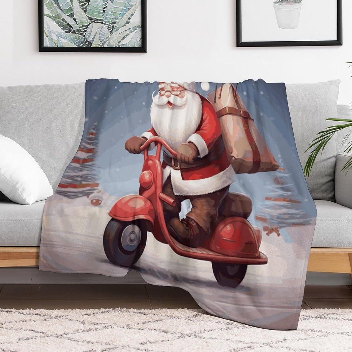 Santa Claus on Scooter Blanket Super Soft Lightweight Throw Blanket Cute Cozy Warm Bed Blanket Decorative Fuzzy Blanket All-Season Home Decor Gift for Sofa Couch Living Room 30"*40"（76 * 100cm）