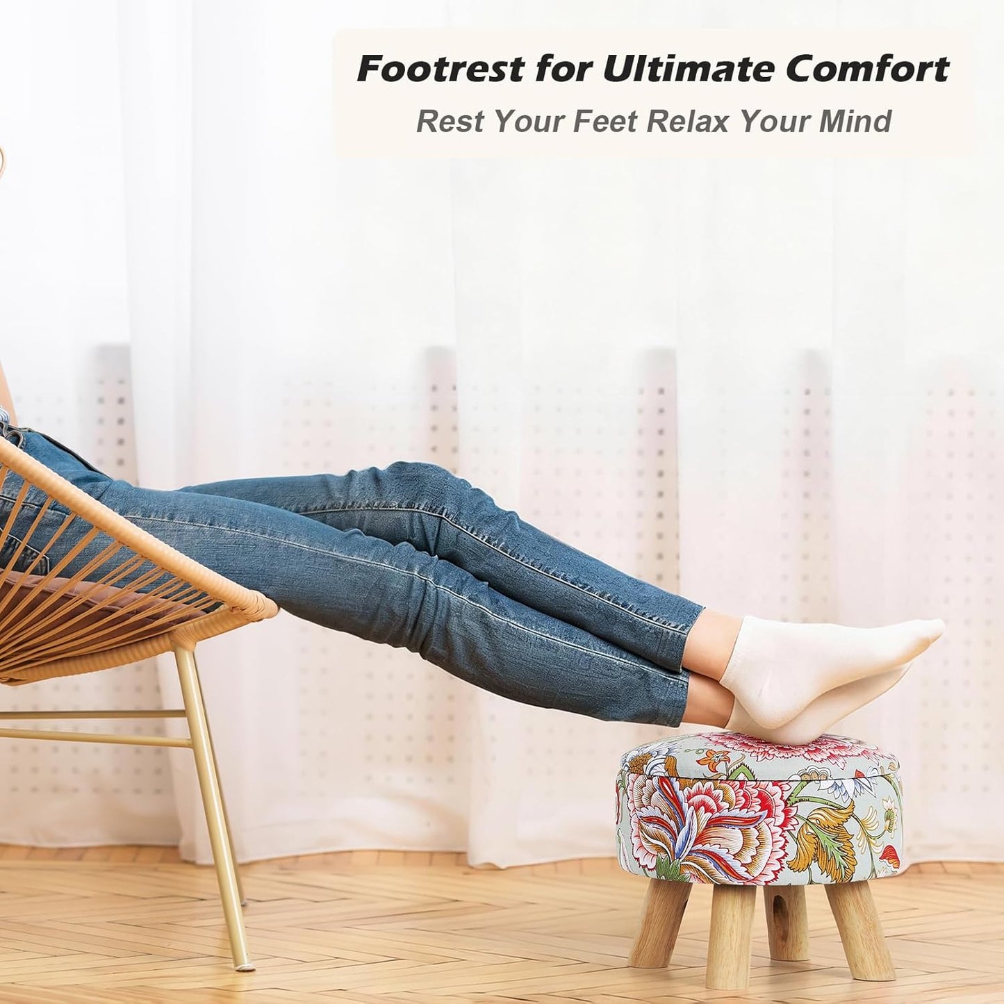 ETELI Storage Ottoman Round Small Foot Rest with Wood Legs Boho Footstool with Padded Seat Ottomans and Footstools for Couch Hallway Living Room Bedroom Enterway