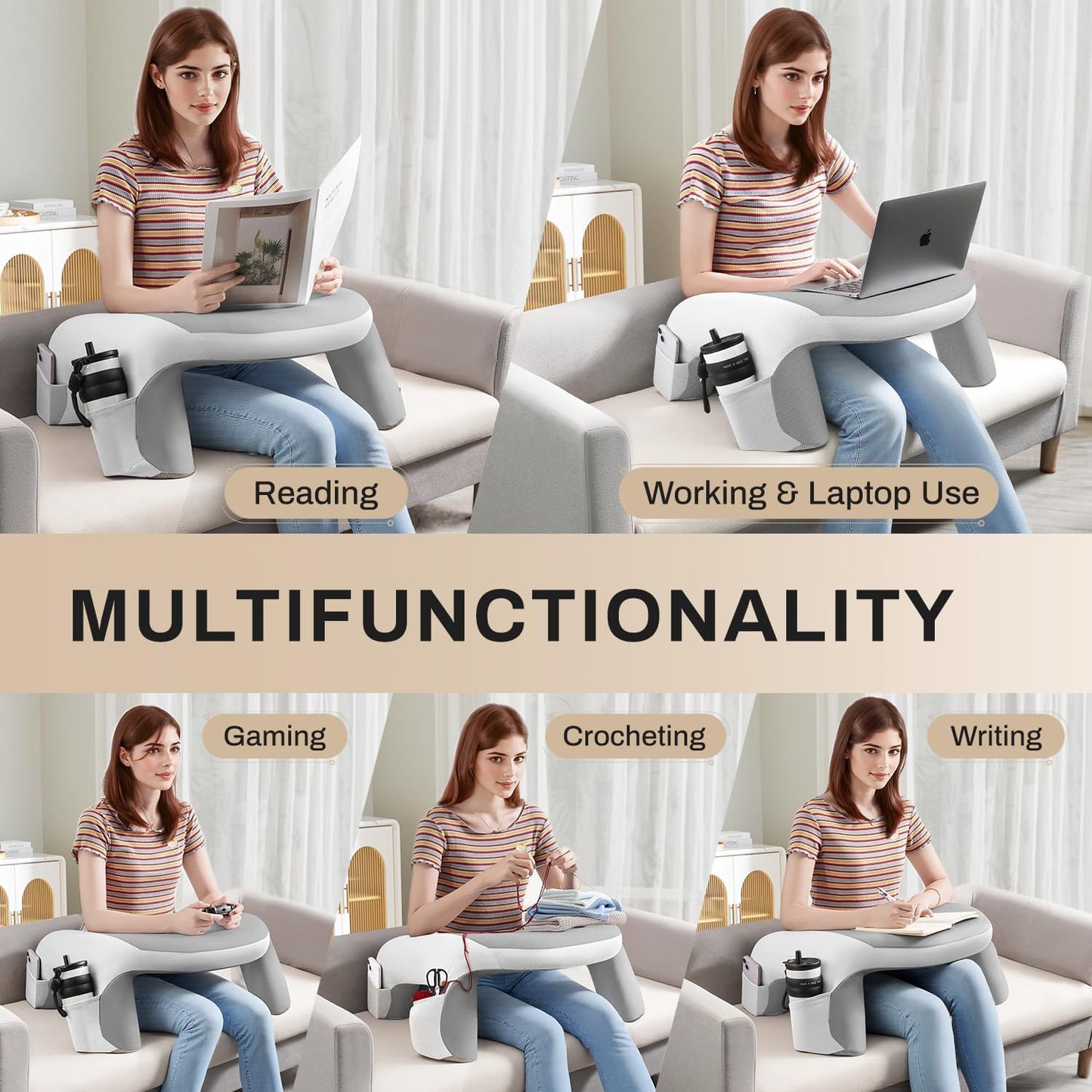 Laptop Lap Desk, Reading Pillow for Bed, Memory Foam Arm Rest Support Gaming Pillow with Cup/Phone Pocket, Laptop Lap Desk for Working, Gaming, Reading on Couch Bed Floor- White