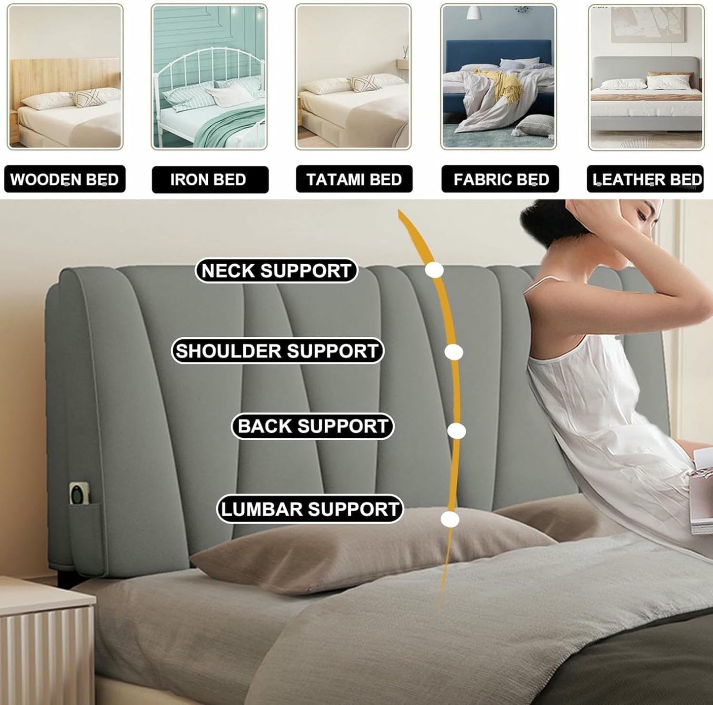 Rectangle Bedside Support Cushion Headboard Pillow Large Backrest,Reading Pillow Wall Pillowboard Neck Lumbar Upholstered Bedroom Bunk Bed Daybed Bolster,Gray1,Straps 59"/Queen