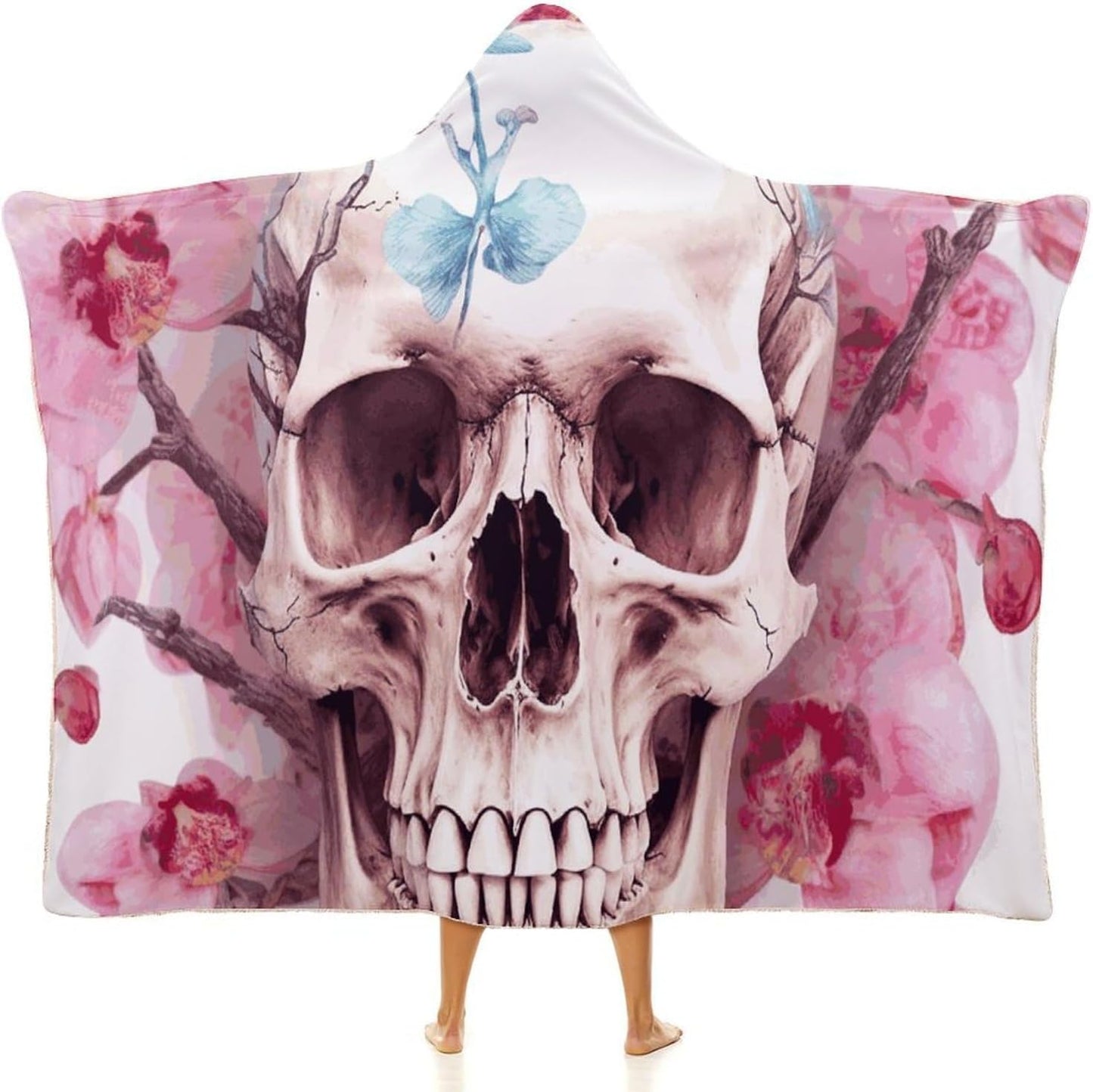 Human Skull Pink Flowers Wearable Blanket Hoodie for Women Men Oversized Soft Fleece Blanket Sweatshirt Cozy Poncho-