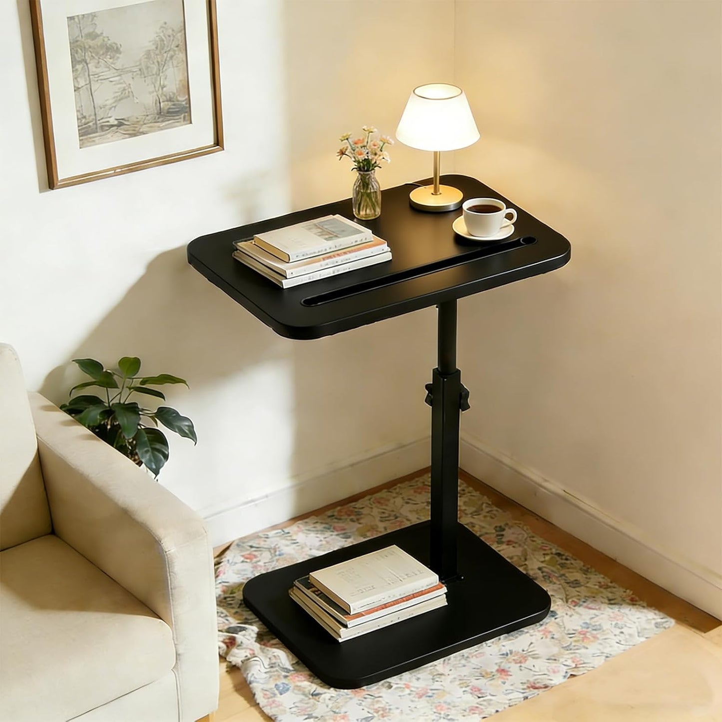 TV Tray Table for Couch, 360° Swivel Height Adjustable TV Tray Table, C Shaped End Table Slides Under Sofa, Snack & Laptop Side Tray for Small Spaces, Black