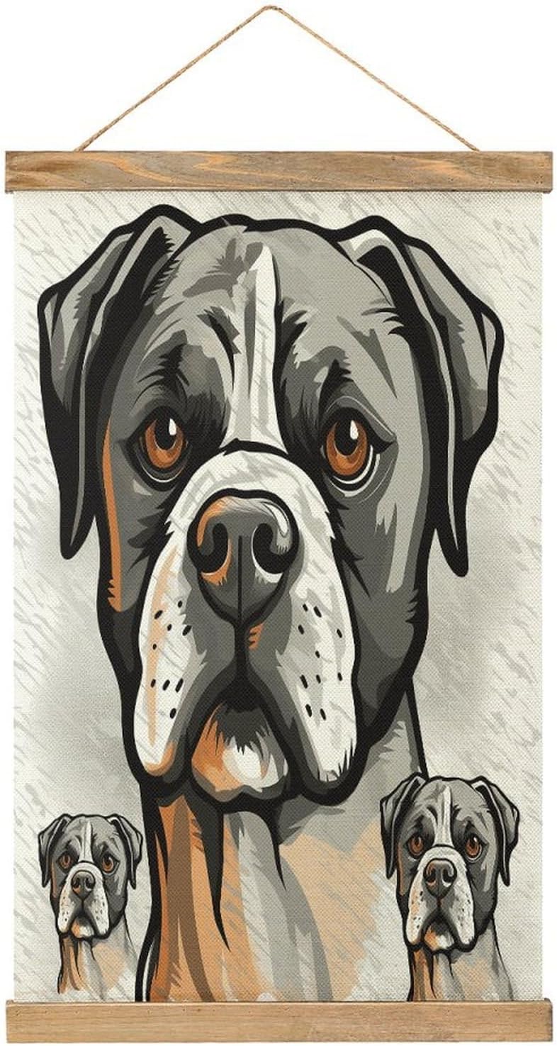 Vintage American Bulldog Head Poster with Wooden Frame Personalized Linen Hanging Scroll Painting Rustic Wall Hanging Illustrative Modern Artwork Decor for Home Living Room Bedroom Office